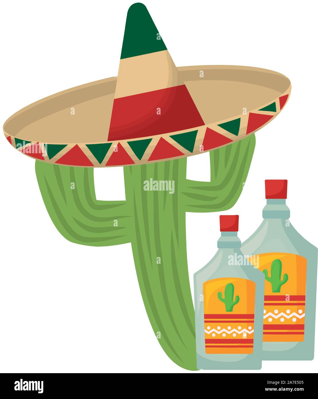 cactus with hat mexican and bottles tequila vector illustration design