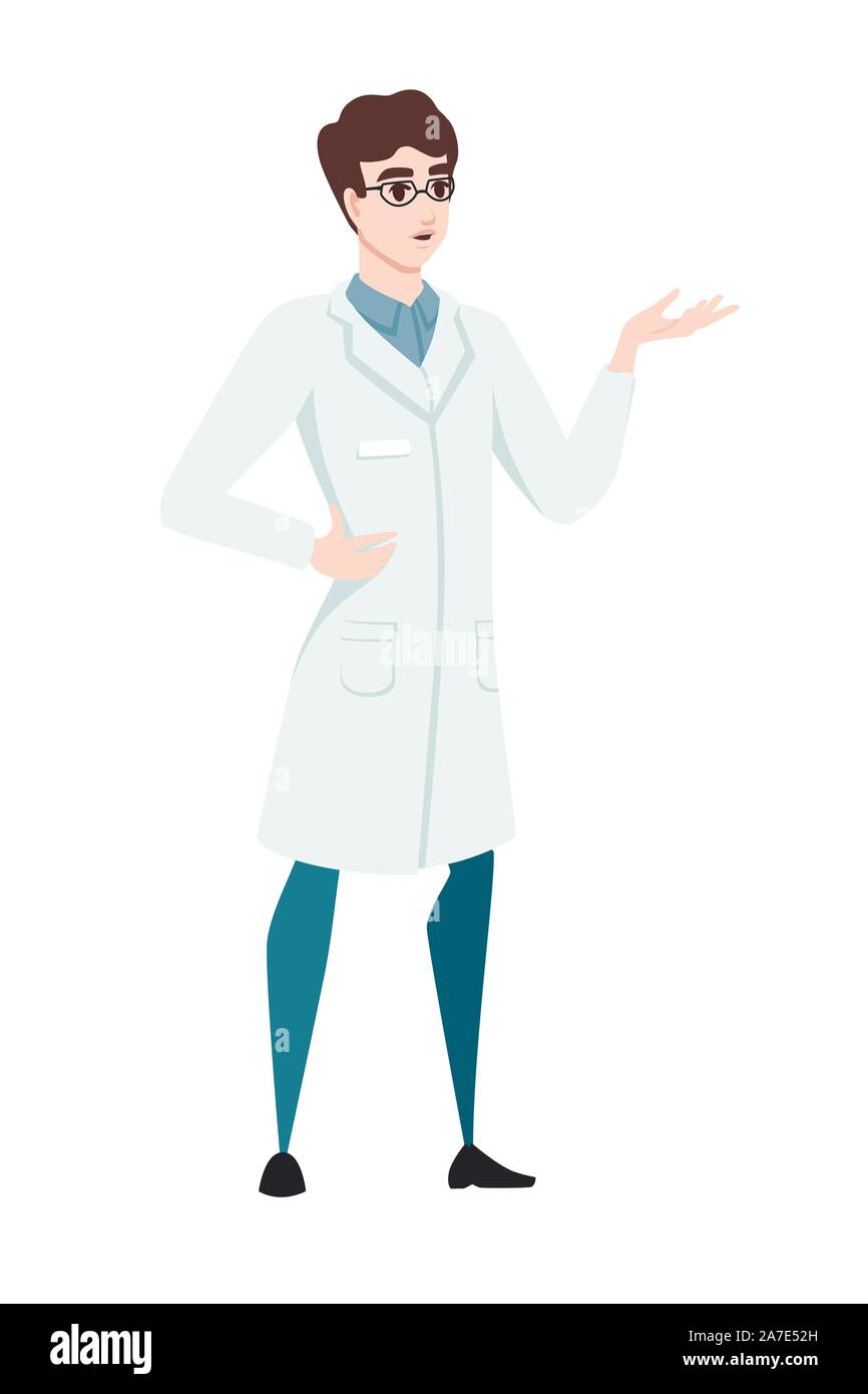 Man scientist in white coat cartoon character design flat vector illustration on white background. Stock Vector