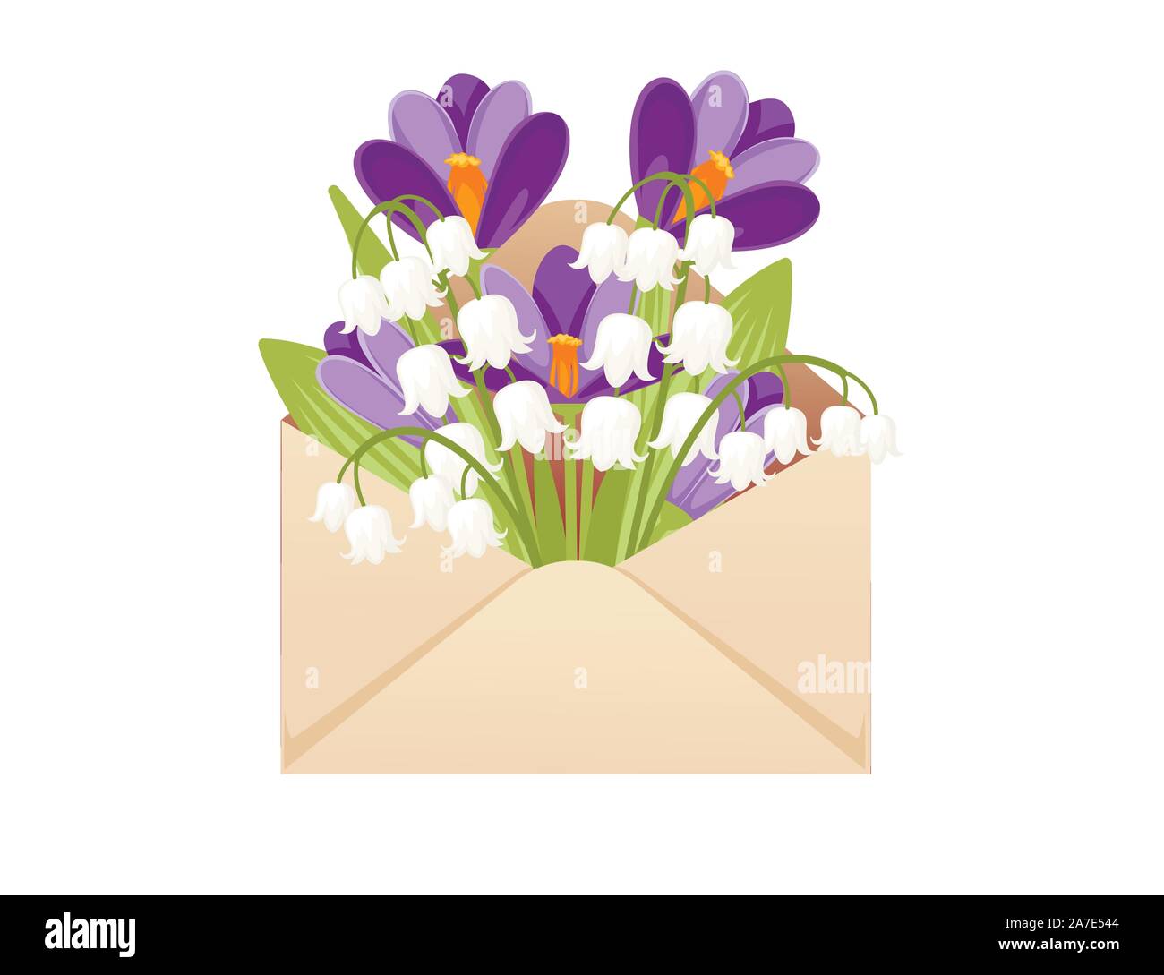 Open eco friendly paper envelope with spring flowers creative design flat vector illustration on white background. Stock Vector
