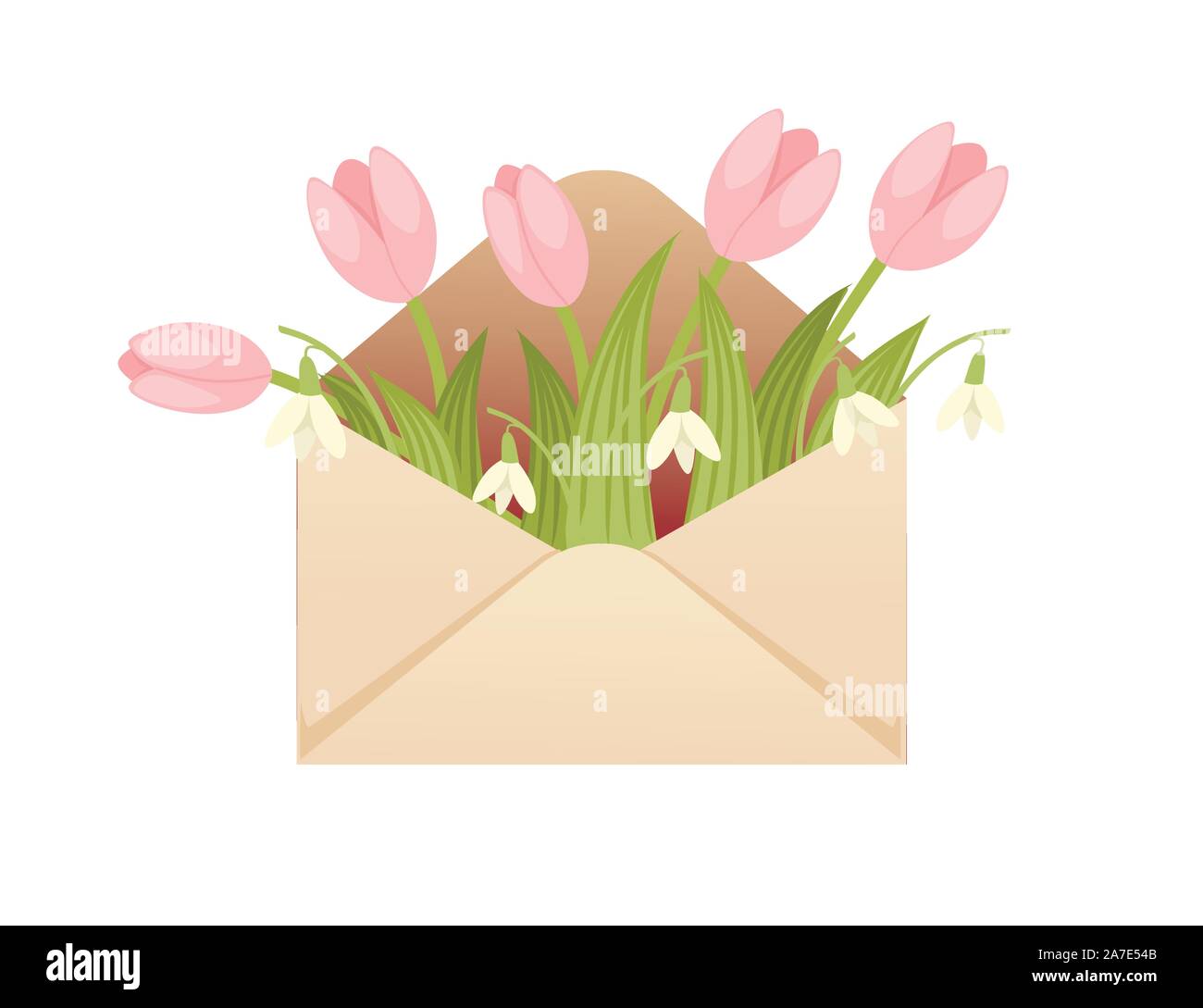 Open eco friendly paper envelope with spring flowers creative design flat vector illustration on white background. Stock Vector