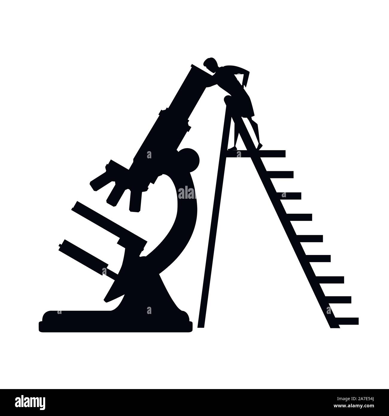 Black silhouette big microscope with scientist climbs the ladder cartoon character design flat vector illustration on white background. Stock Vector