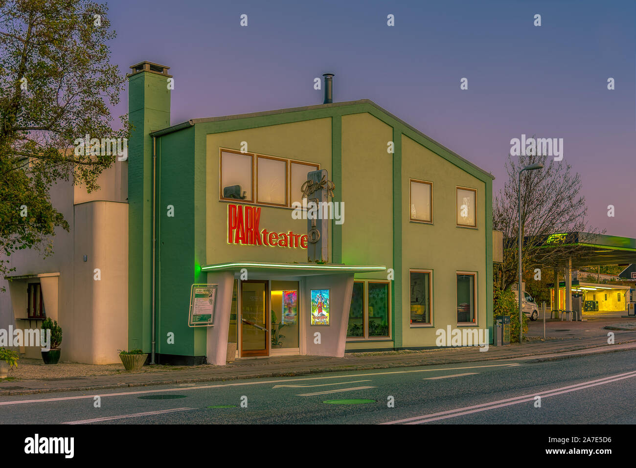 Danish vitage design at a green old retro theatre in the evening light in the small town of Frederikssund, Denmark, October 29, 2019 Stock Photo