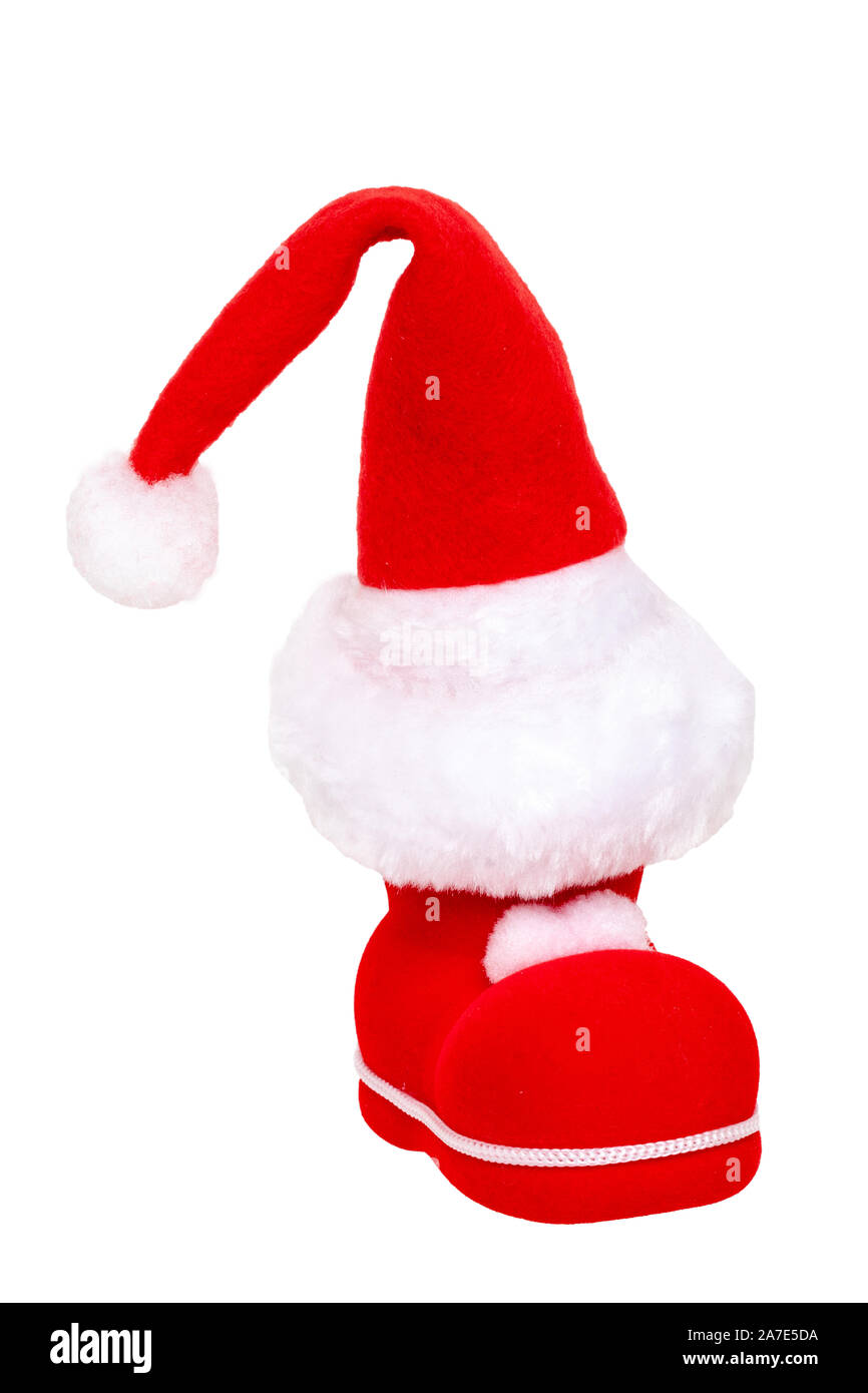 Christmas decorations isolated. Close-up of a red Santa Claus boot with