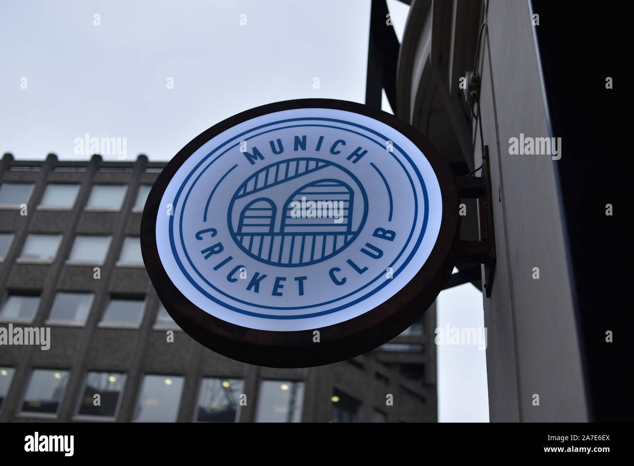 Munich Cricket Club bar sign in Westminster Stock Photo