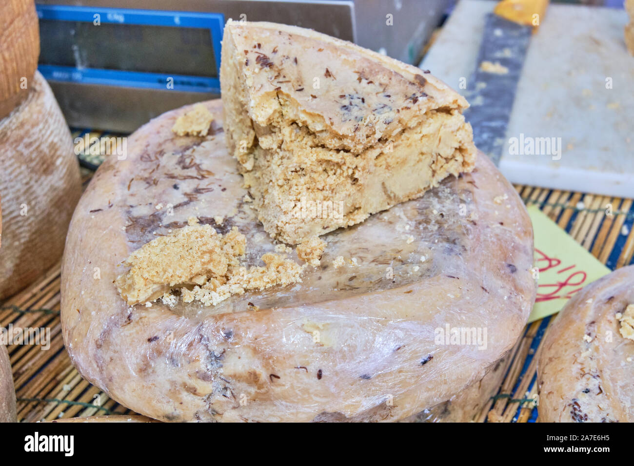 Casu Marzu, sardinian cheese with larvae of Piophila Casei Stock Photo