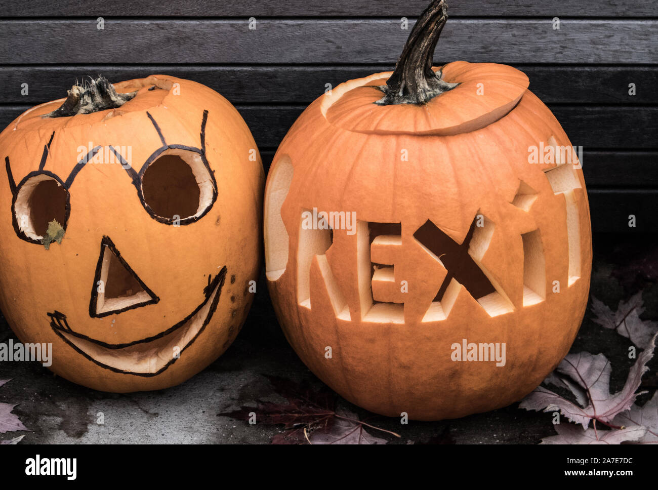 Two Halloween pumpkins, one represents Brexit. Stock Photo