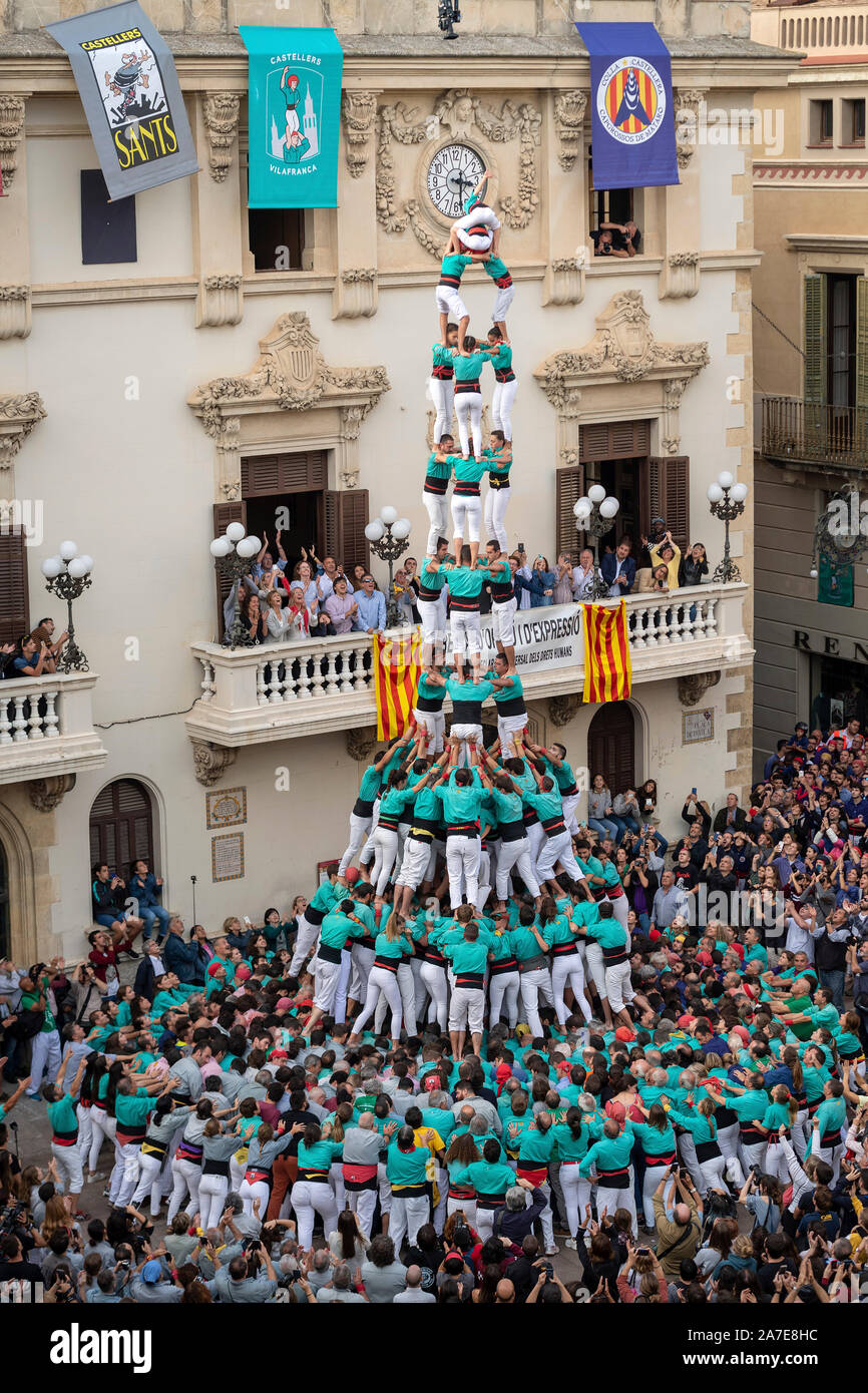 Human Towers.The last performance of the "Castellers de Vilafranca" of the year.3 of 10 fm. Stock Photo