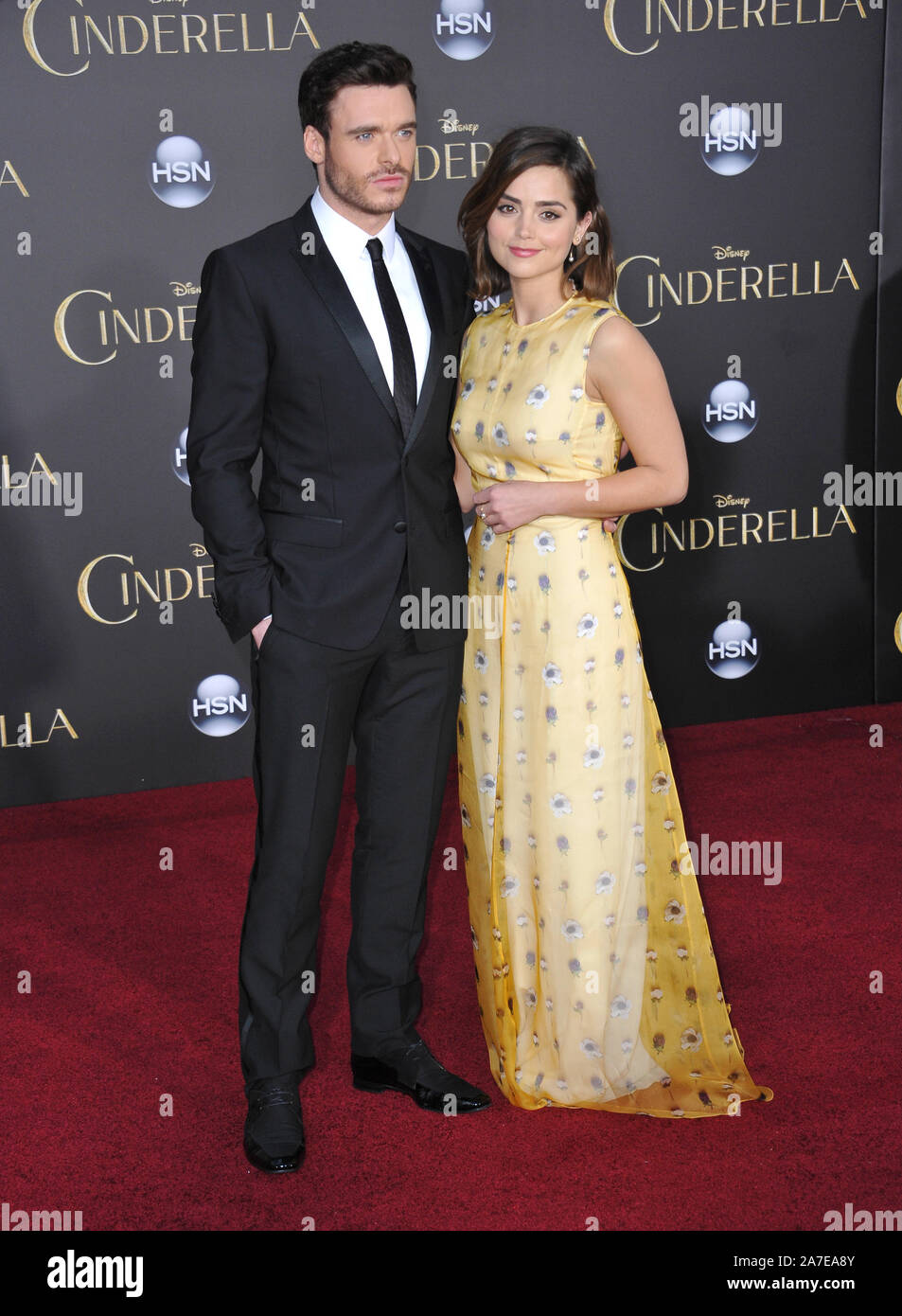 LOS ANGELES, CA - MARCH 1, 2015: Richard Madden & actress girlfriend Jenna Coleman at the world premiere of his movie 'Cinderella' at the El Capitan Theatre, Hollywood. © 2015 Paul Smith / Featureflash Stock Photo