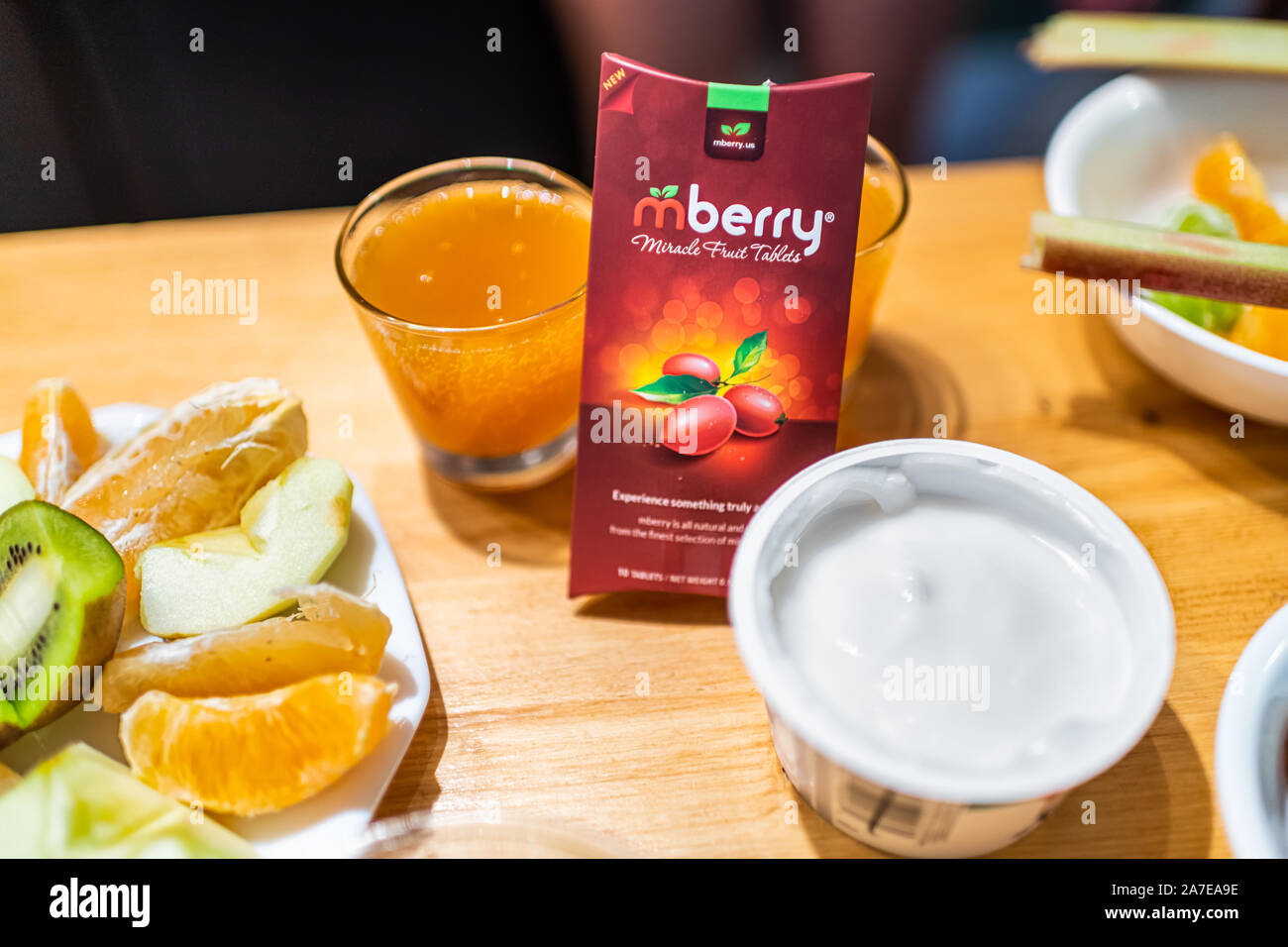 Durango, USA - September 2, 2019: Sign of mberry miracle berry package ledidi Synsepalum dulcificum berry that turns sour foods sweet with orange slic Stock Photo