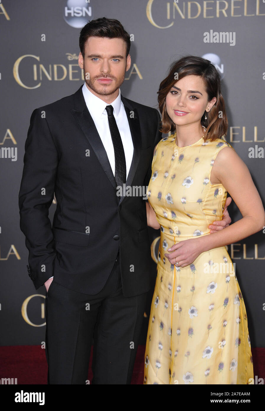 LOS ANGELES, CA - MARCH 1, 2015: Richard Madden & actress girlfriend Jenna Coleman at the world premiere of his movie 'Cinderella' at the El Capitan Theatre, Hollywood. © 2015 Paul Smith / Featureflash Stock Photo