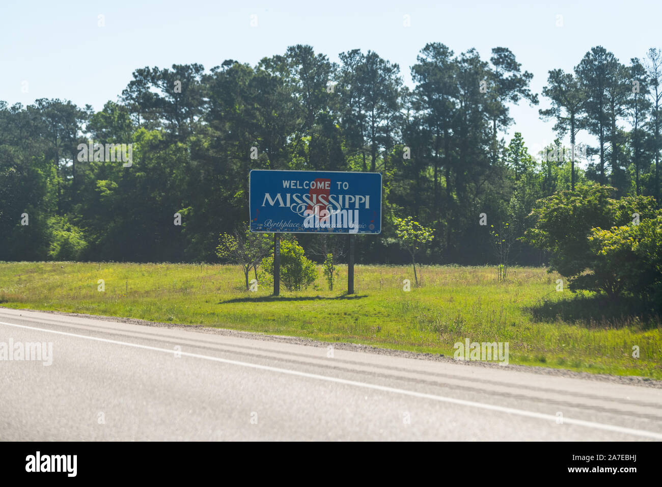 Pearlington, USA - April 24, 2018: Welcome to Mississippi sign on road highway interstate i10 at border with Louisiana Stock Photo