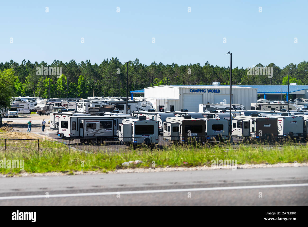 Biloxi, USA - April 24, 2018: Industrial factory in Mississippi with warehouse business called Camping World for RV trailers Coleman trucks Stock Photo