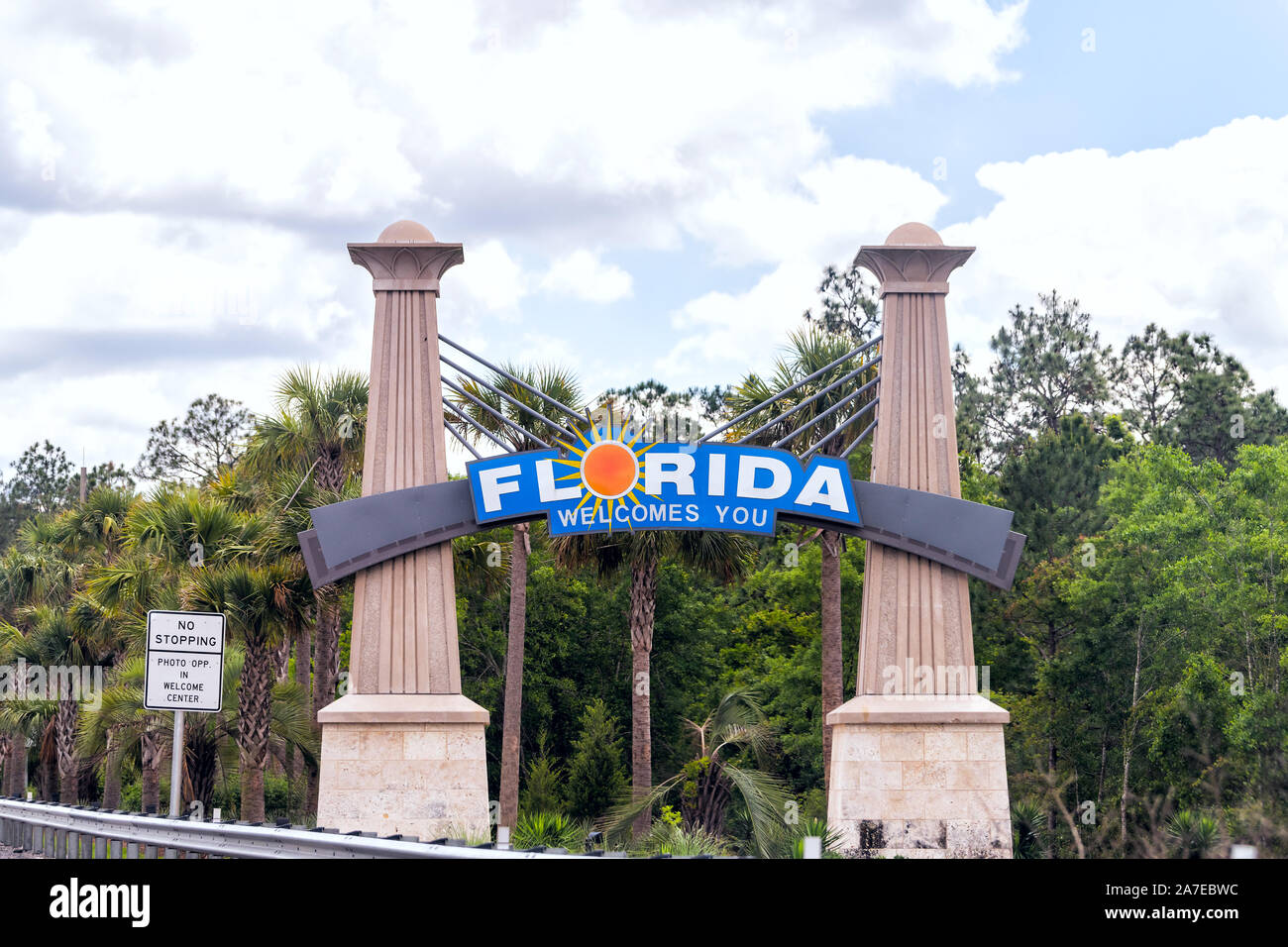 Cantonment, USA - April 24, 2018: Florida welcome center sign at border with Alabama and visitor center on highway road Stock Photo