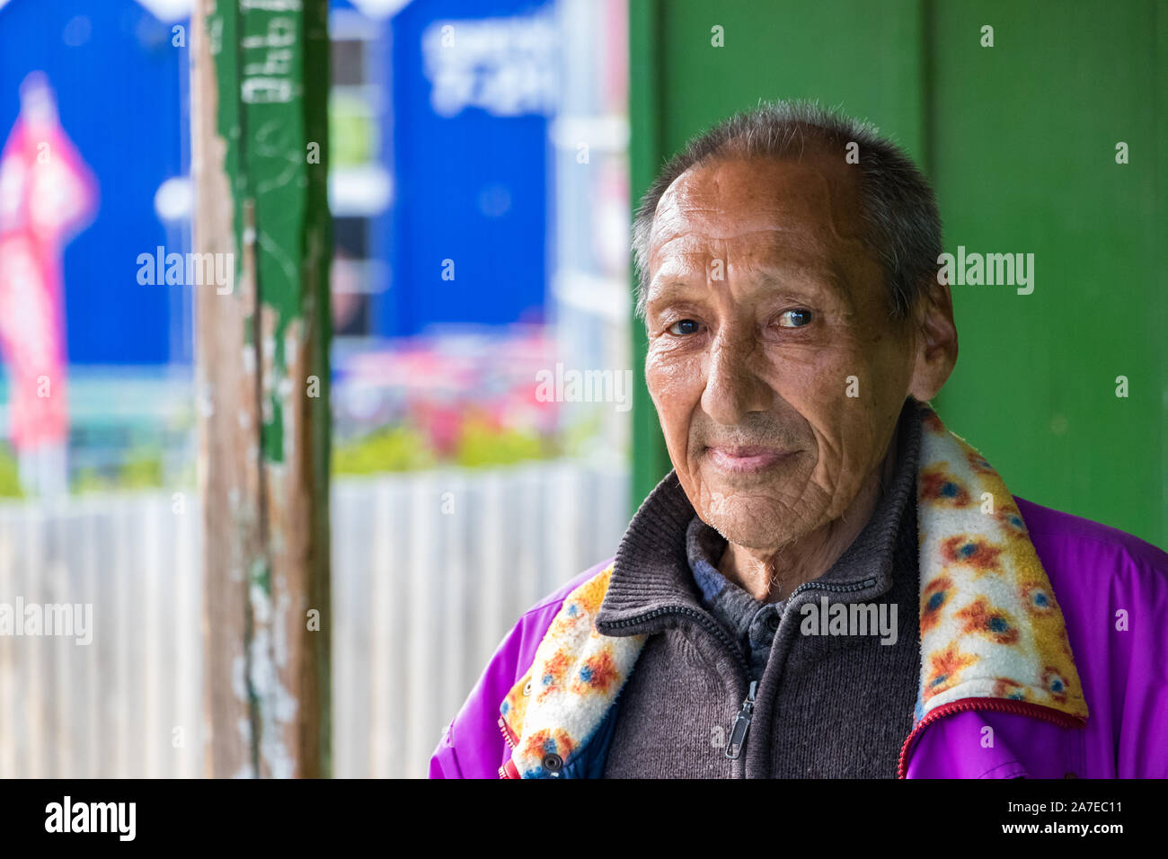 Portrait of a local inuit senior man looking camera in Sisimiut, Greenland. Stock Photo