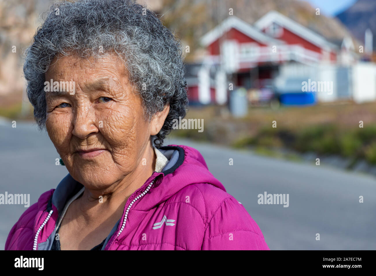 Portrait of a local inuit senior woman looking camera in Sisimiut, Greenland. Stock Photo
