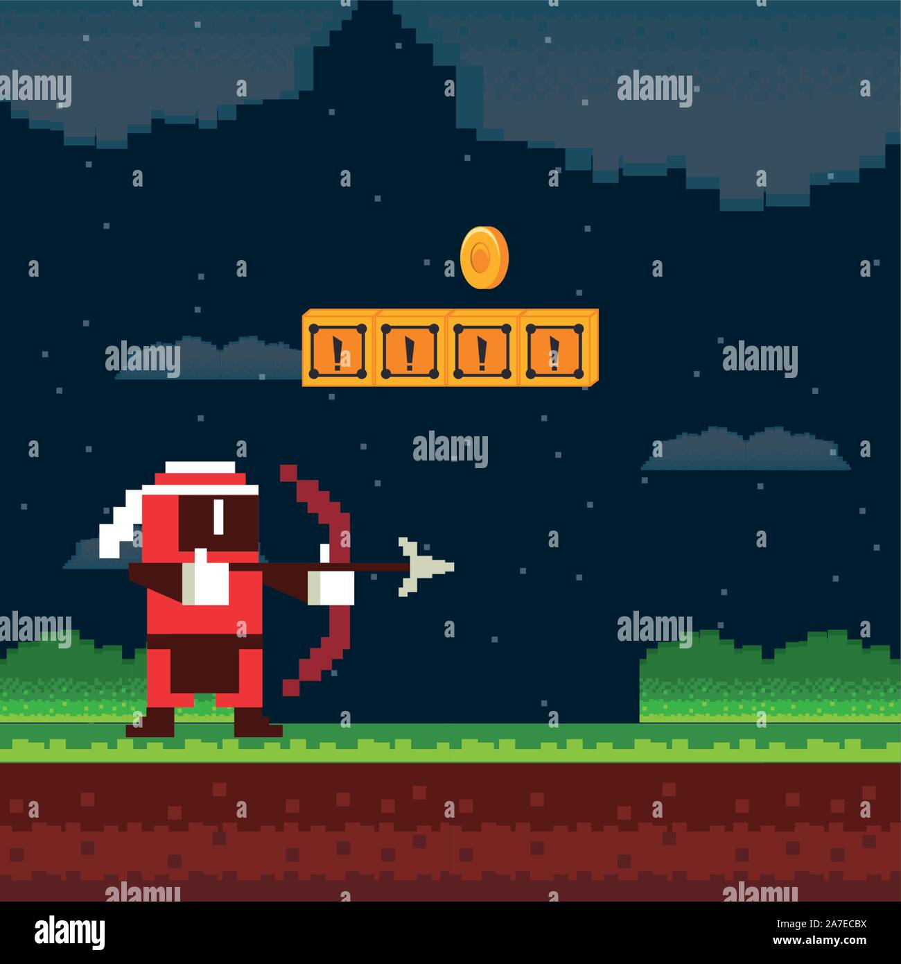 video game archery warrior in pixelated scene Stock Vector