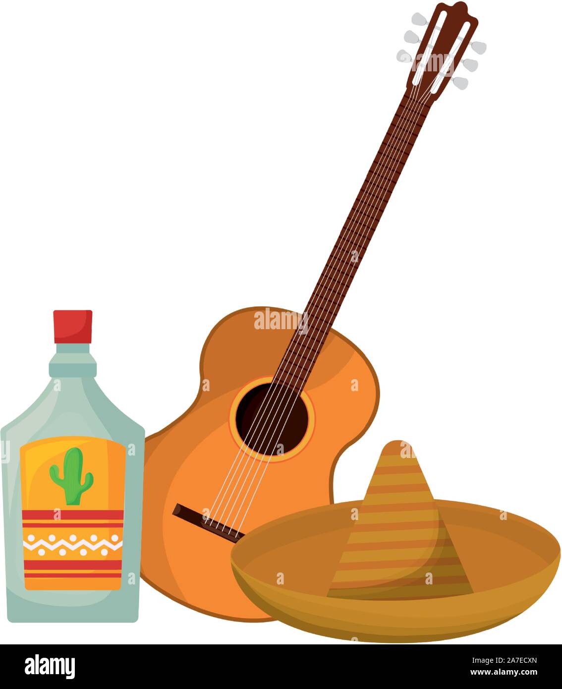 guitar with tequila and hat mexican vector illustration design Stock ...