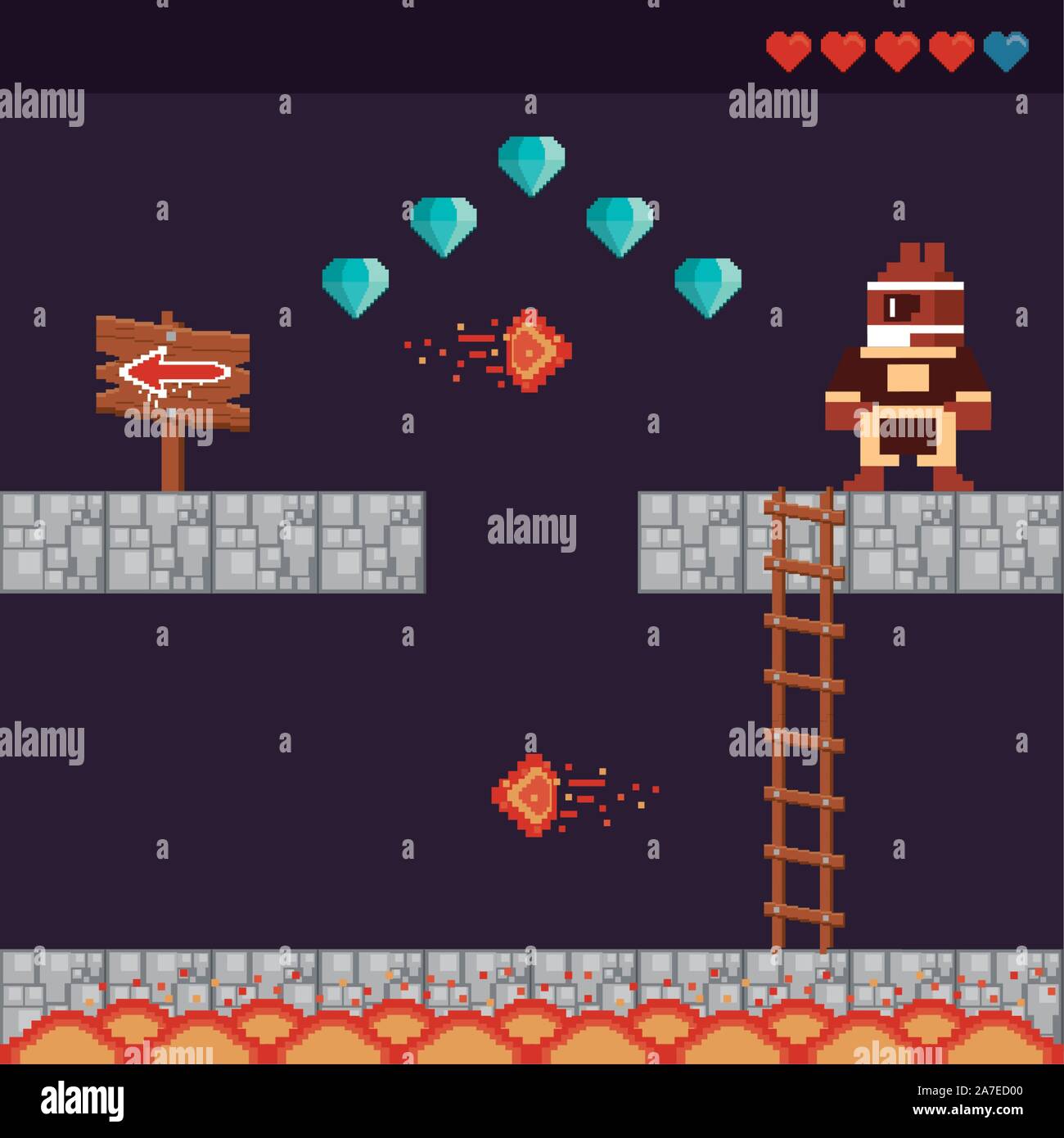 video game warrior in pixelated scene Stock Vector