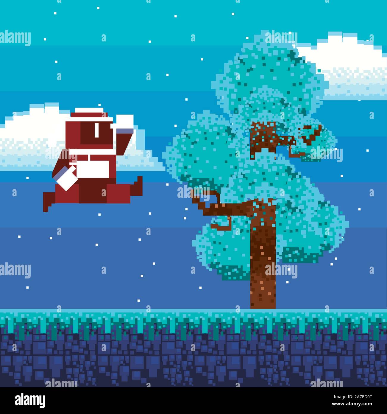 video game warrior in pixelated scene Stock Vector