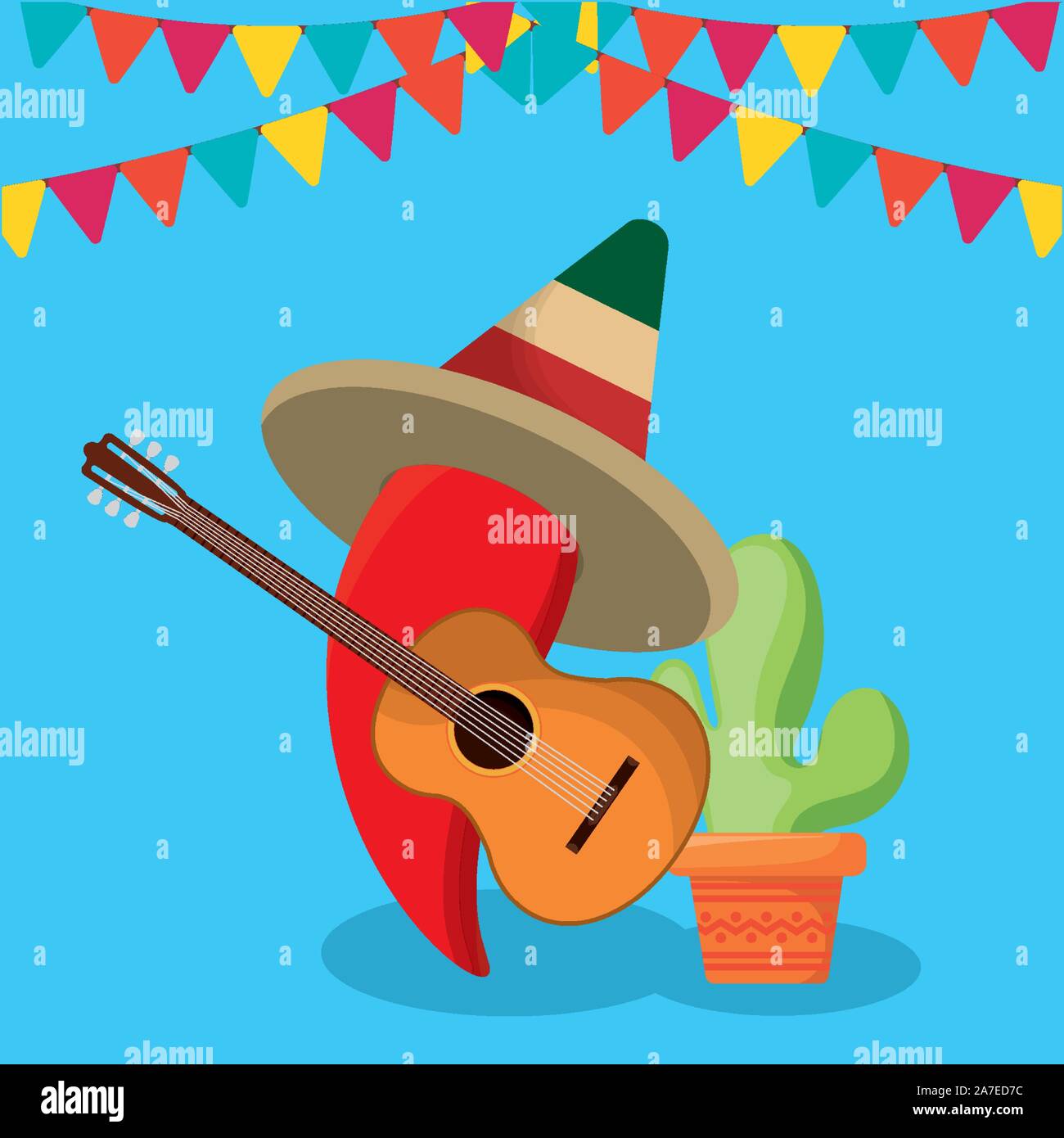 viva mexico celebration with chili pepper and guitar vector ...