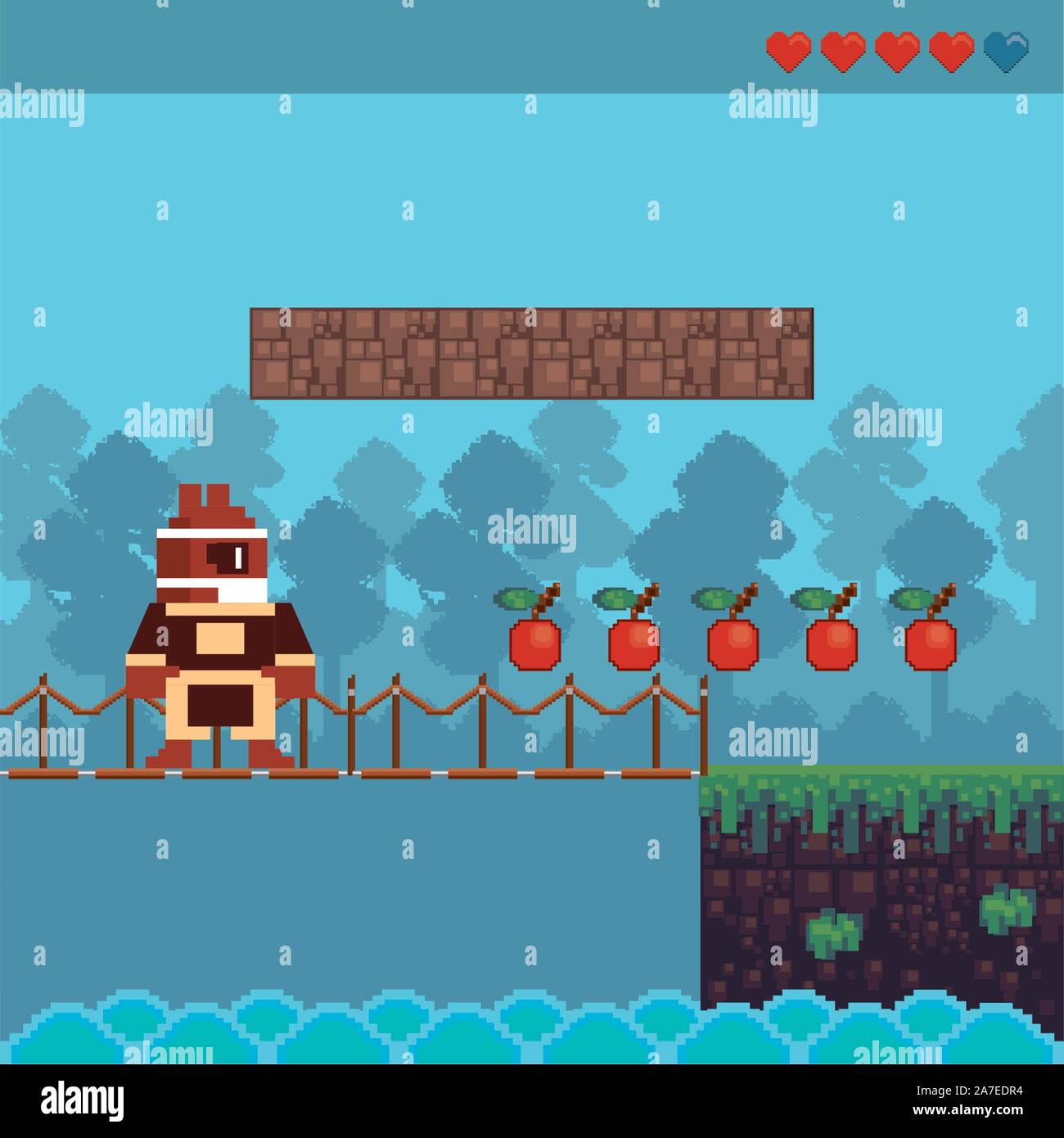 video game warrior in pixelated scene Stock Vector