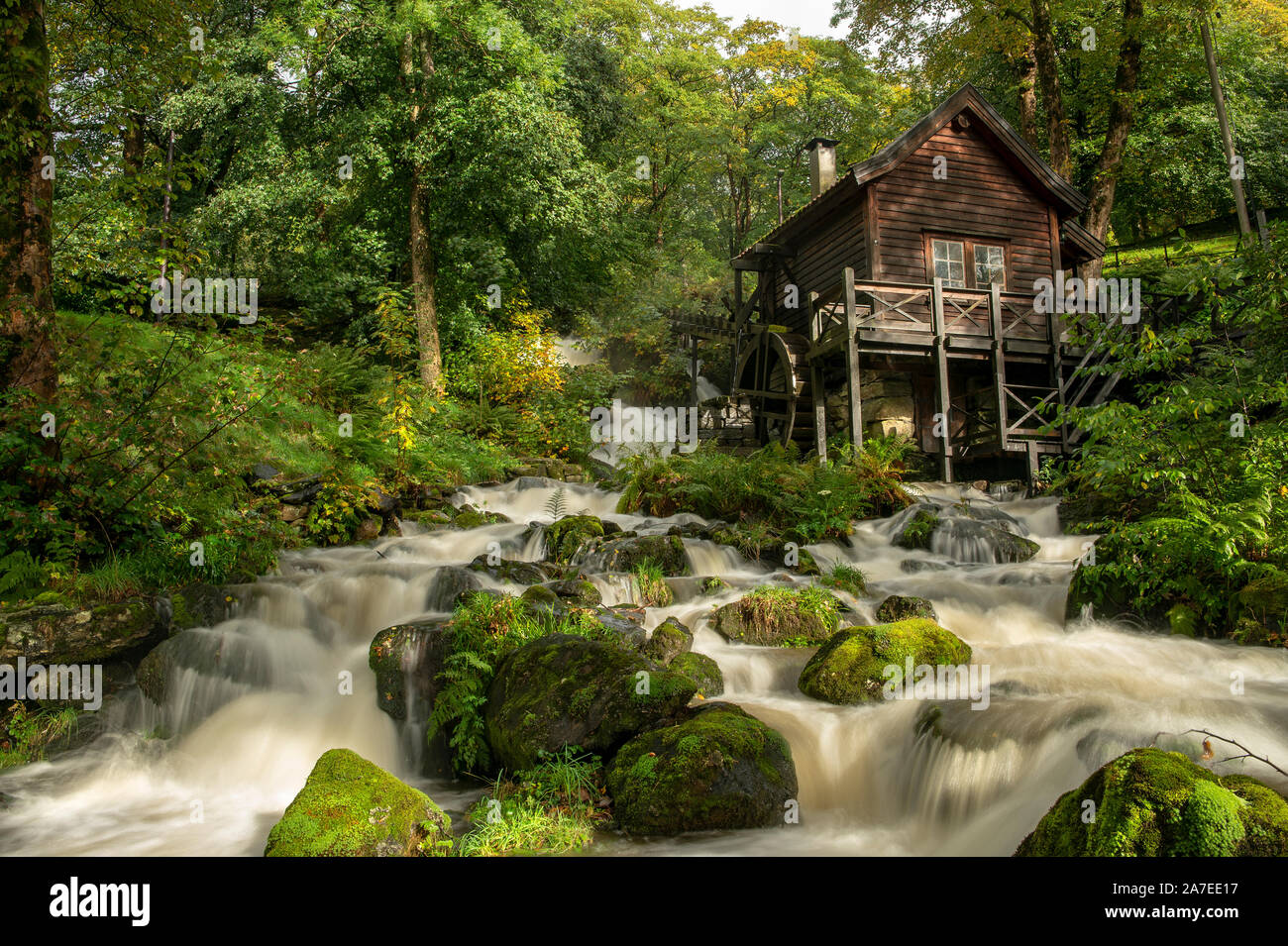 Small watermill in a waterstream with a green forest. Stock Photo