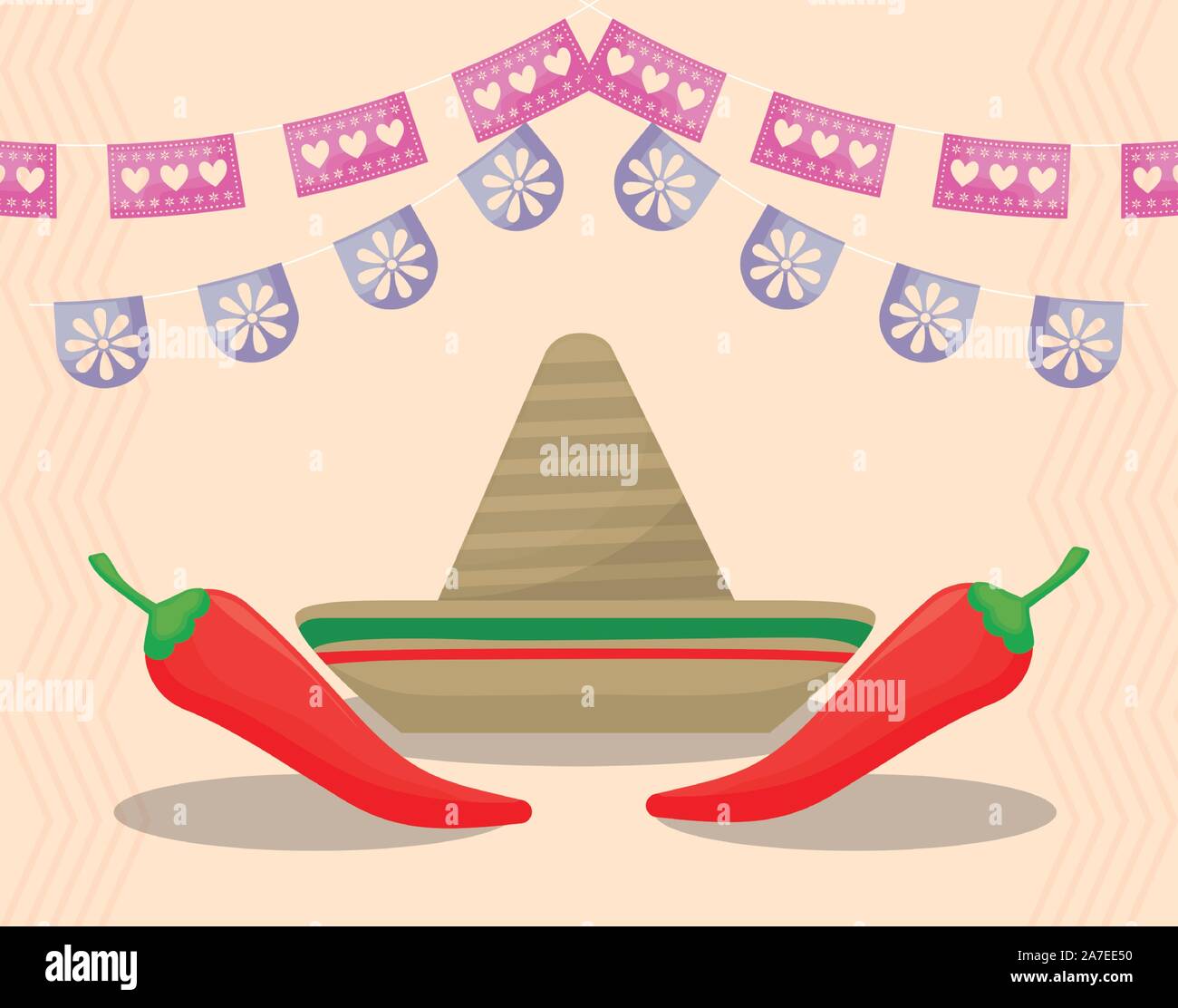 viva mexico celebration with hat and chili peppers vector illustration ...