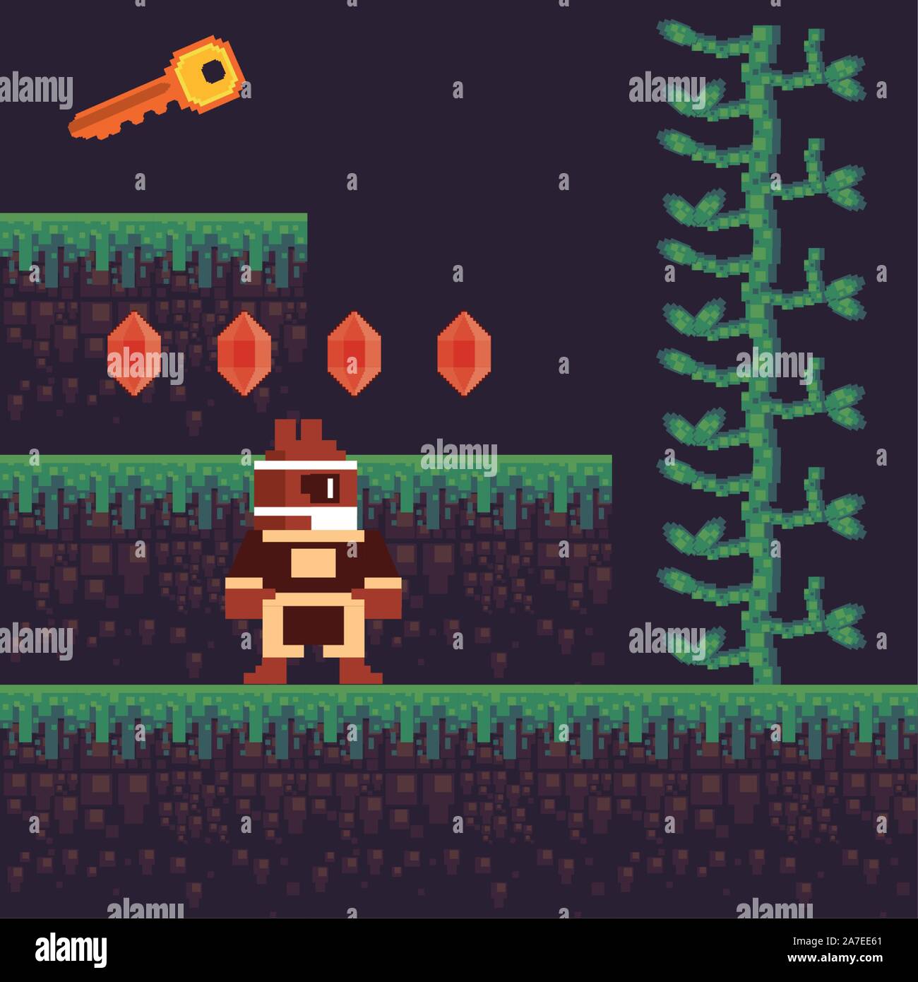 video game warrior in pixelated scene Stock Vector
