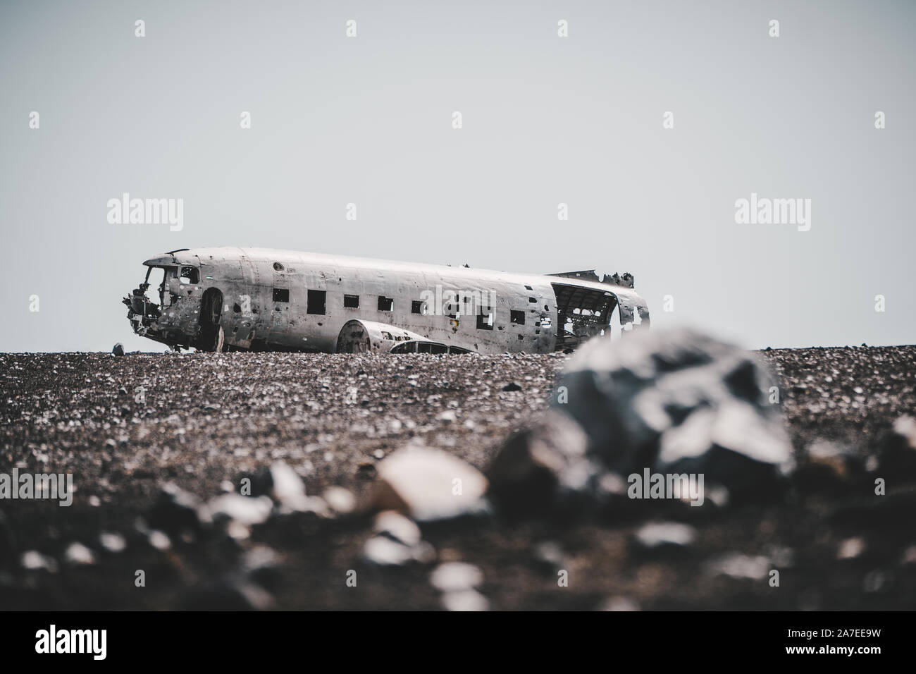Iceland Lonely DC-3 Plane Wreckage Aviation Landscape Stock Photo