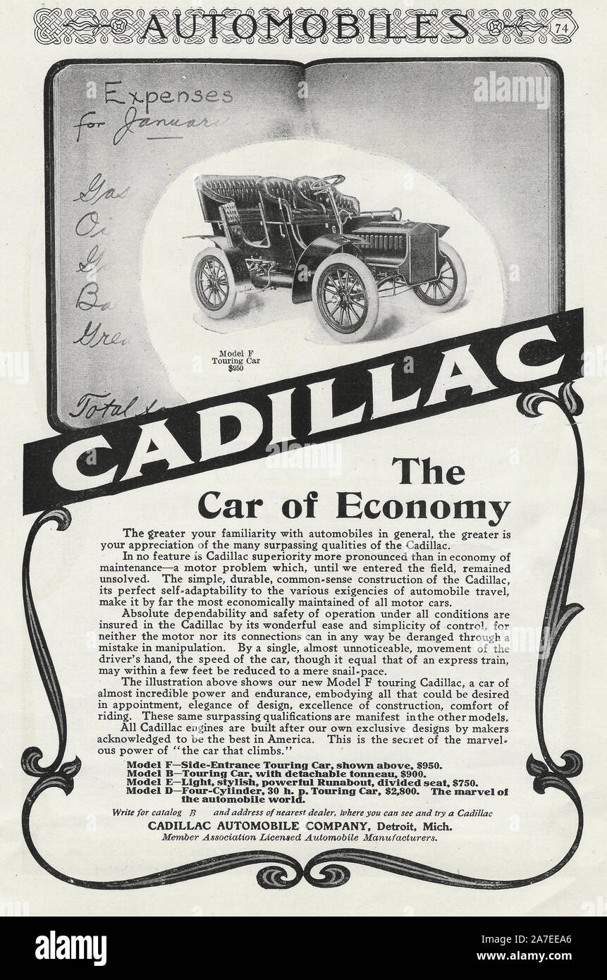 Advertisement for Cadillac, The Car of Economy, circa 1906 Stock Photo