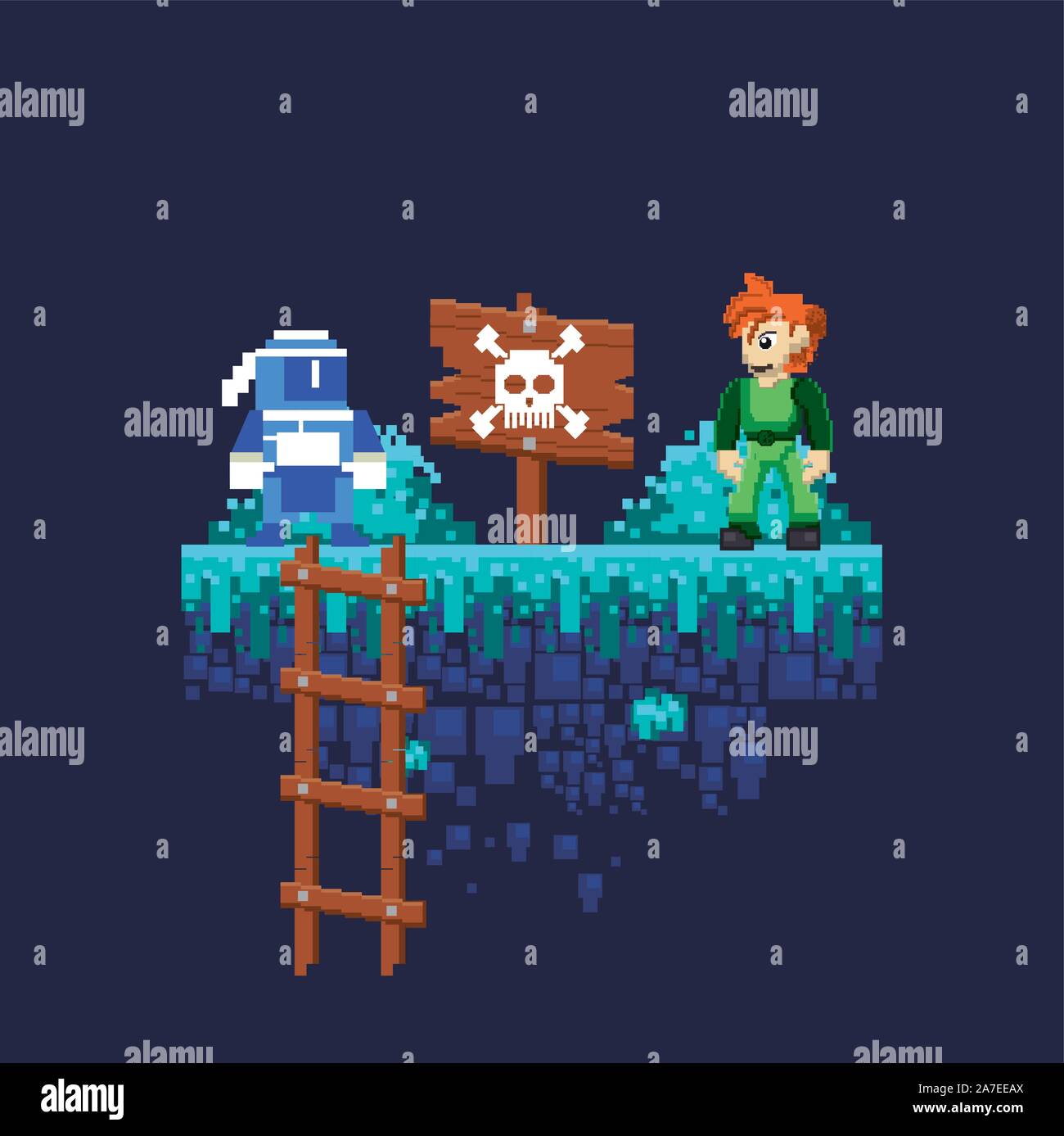video game warriors in pixelated scene Stock Vector