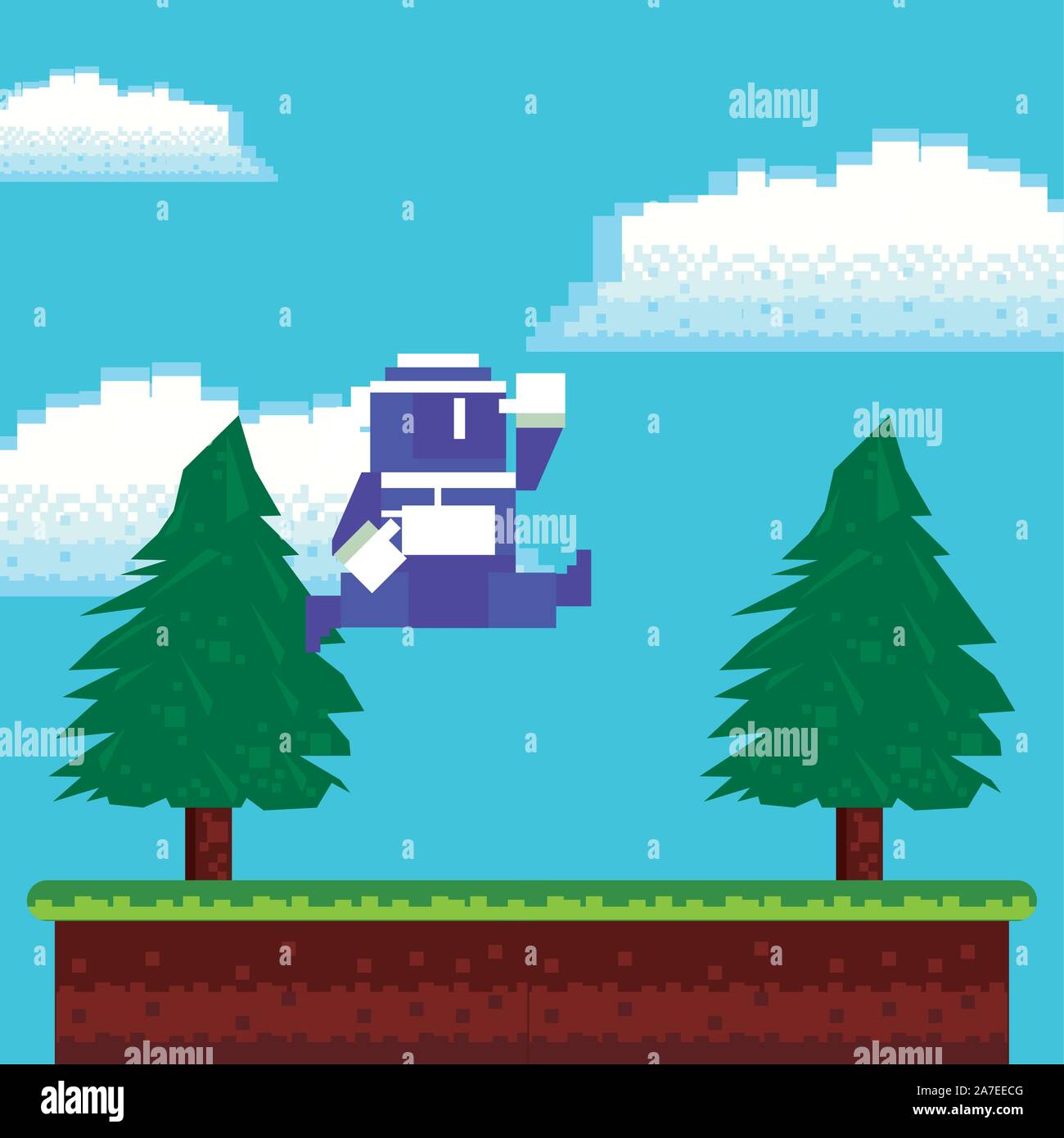 video game warrior jumping in pixelated scene Stock Vector
