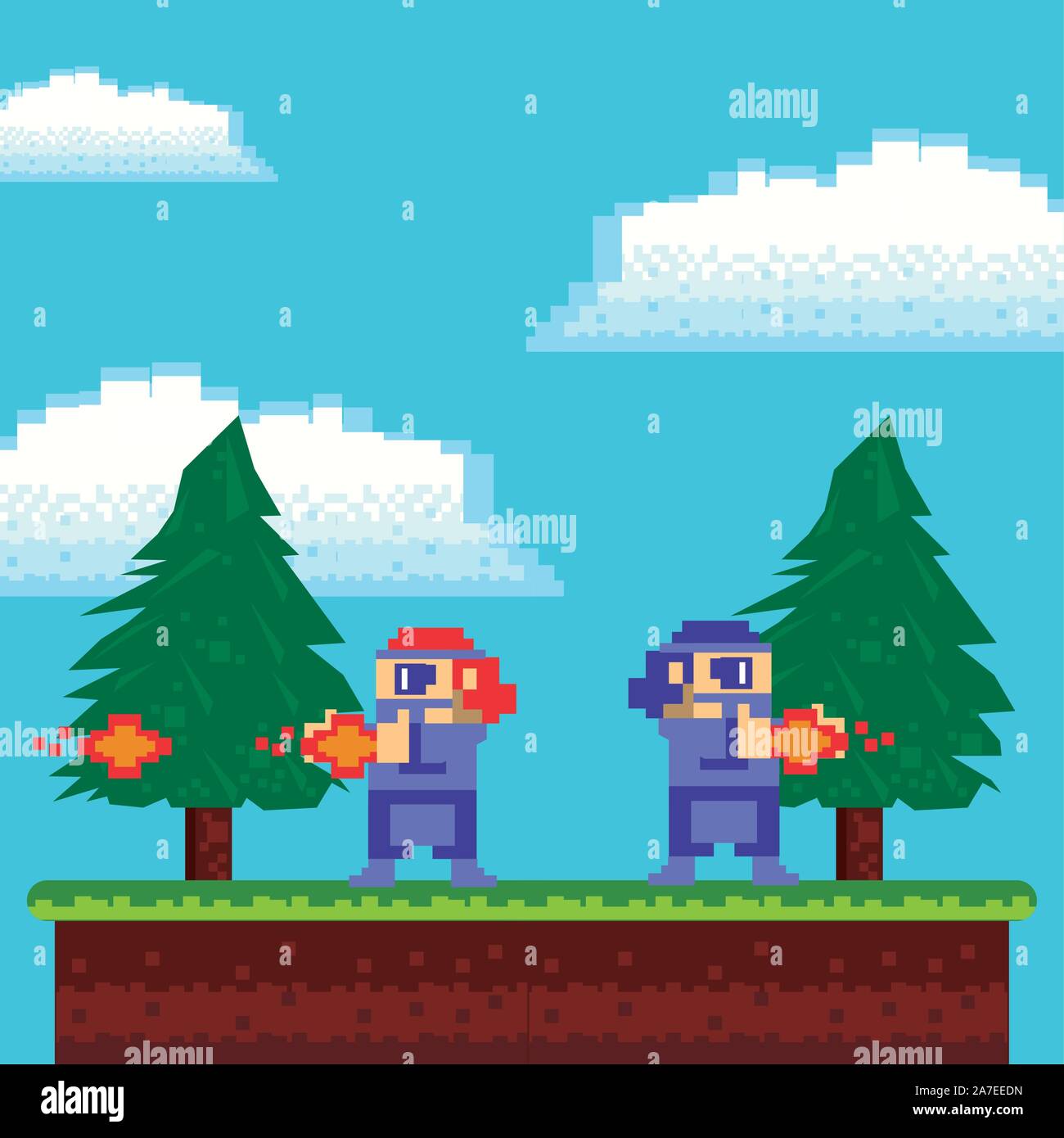 video game warrior shooting in pixelated scene Stock Vector