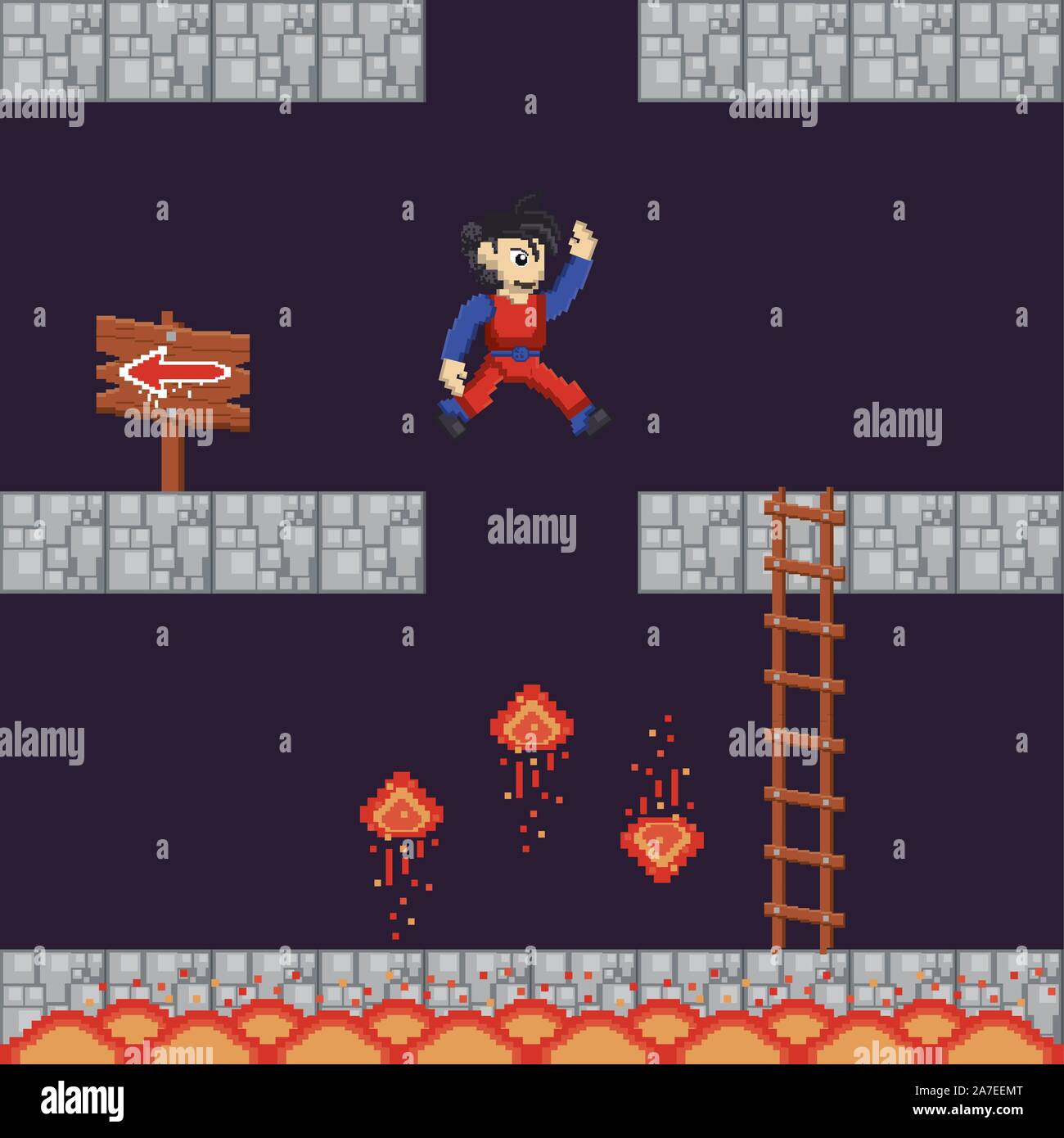 video game warrior jumping in pixelated scene Stock Vector