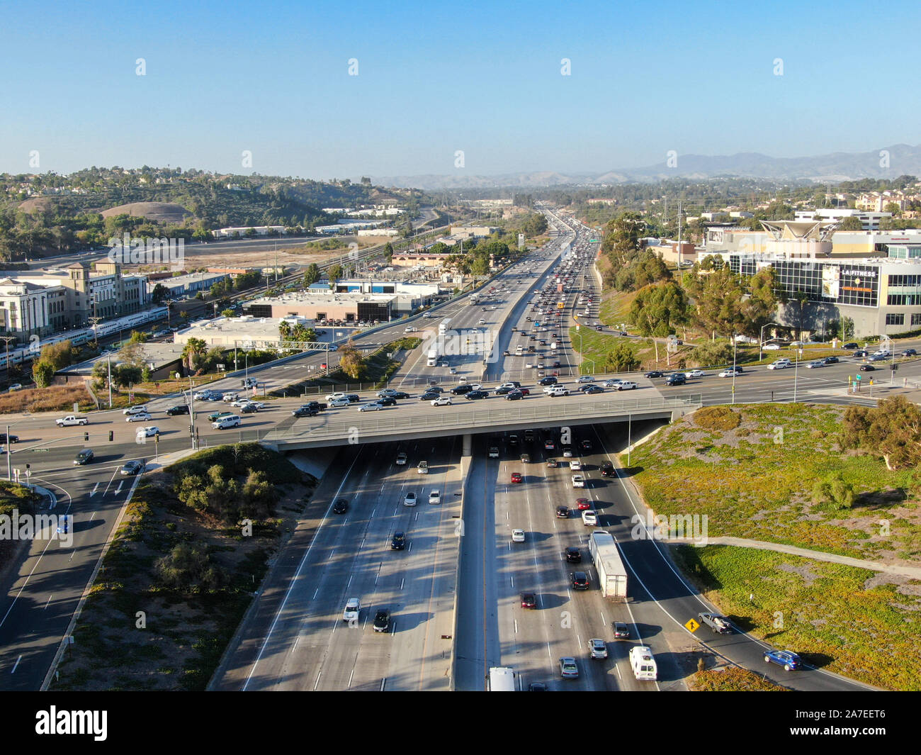 Aerial view of the San Diego freeway, Southern California freeways, USA 