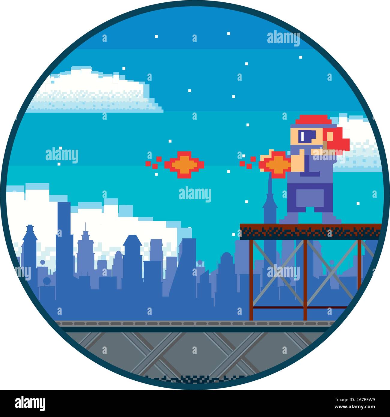 video game warrior shooting in pixelated scene Stock Vector