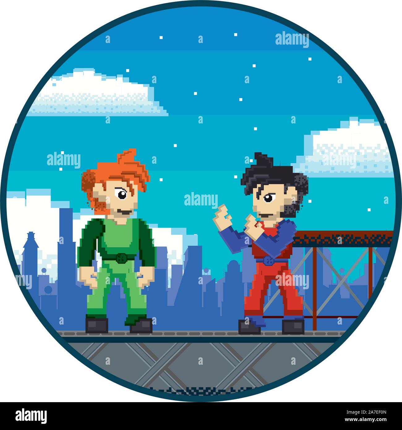 video game warriors in pixelated scene Stock Vector