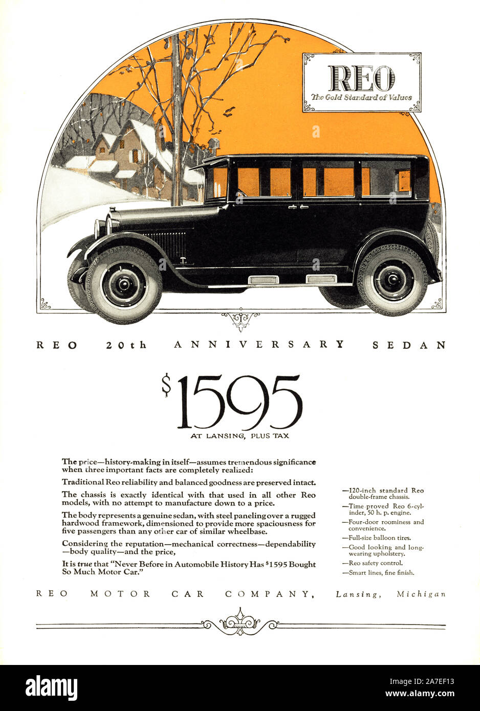 1925 Reo Sedan Vintage Full Page Hi-Res Advertisement Stock Photo