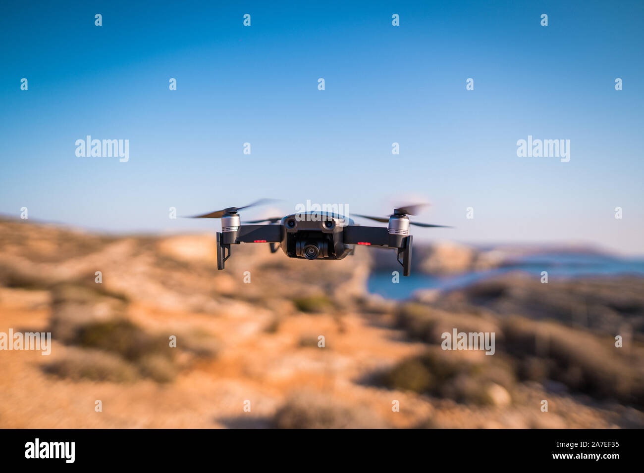 Drone Hovering Travel Location Coastal Photography Equipment Quadrocopter New Stock Photo