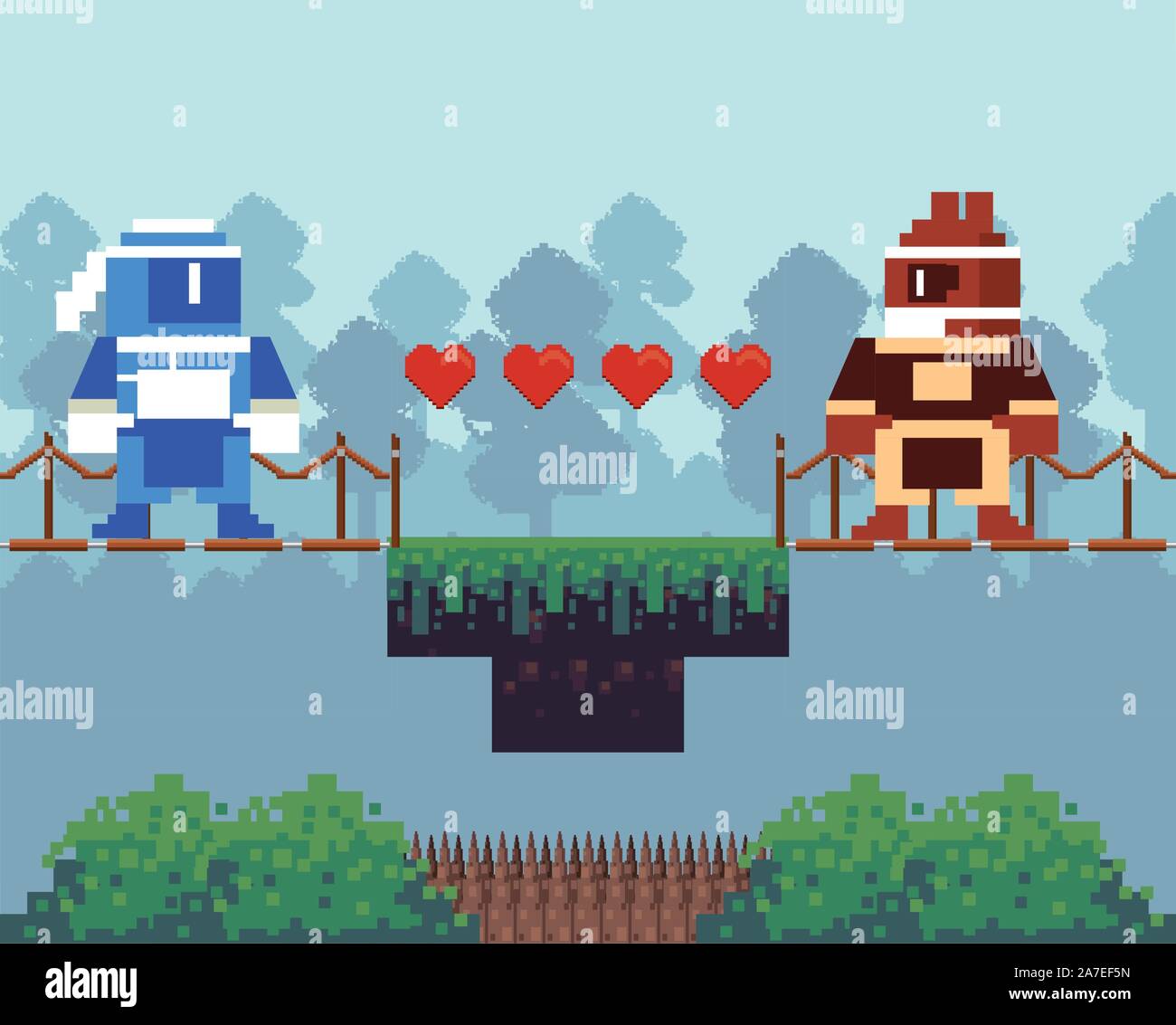 video game warriors in pixelated scene Stock Vector
