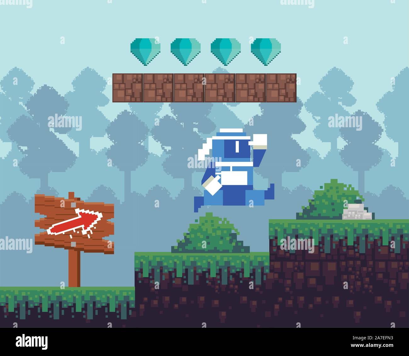 video game warrior jumping in pixelated scene Stock Vector
