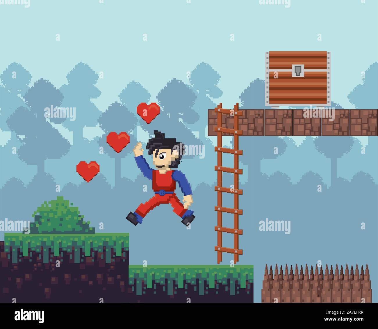 video game warrior jumping in pixelated scene Stock Vector