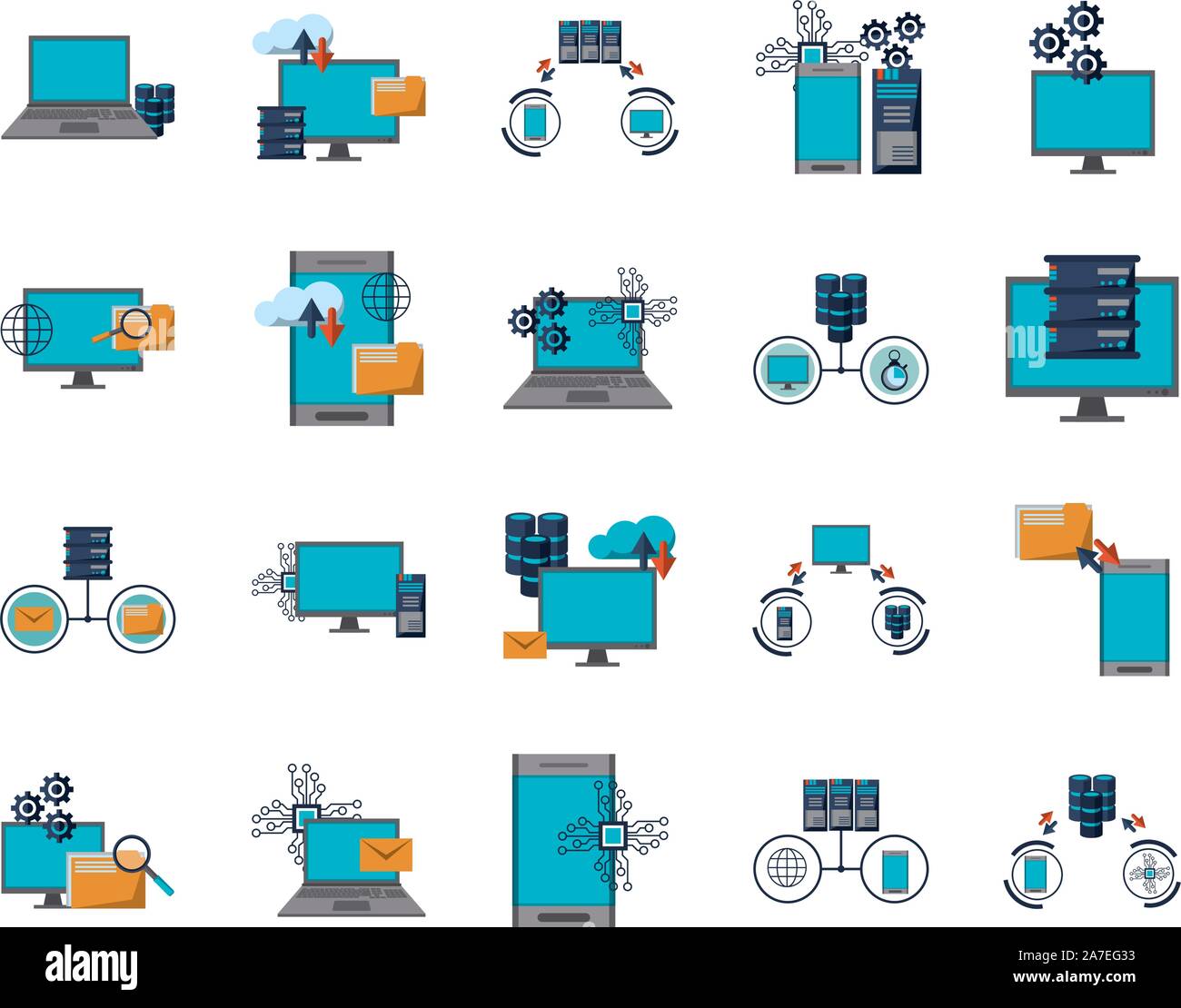 bundle of data center transfer information icons Stock Vector
