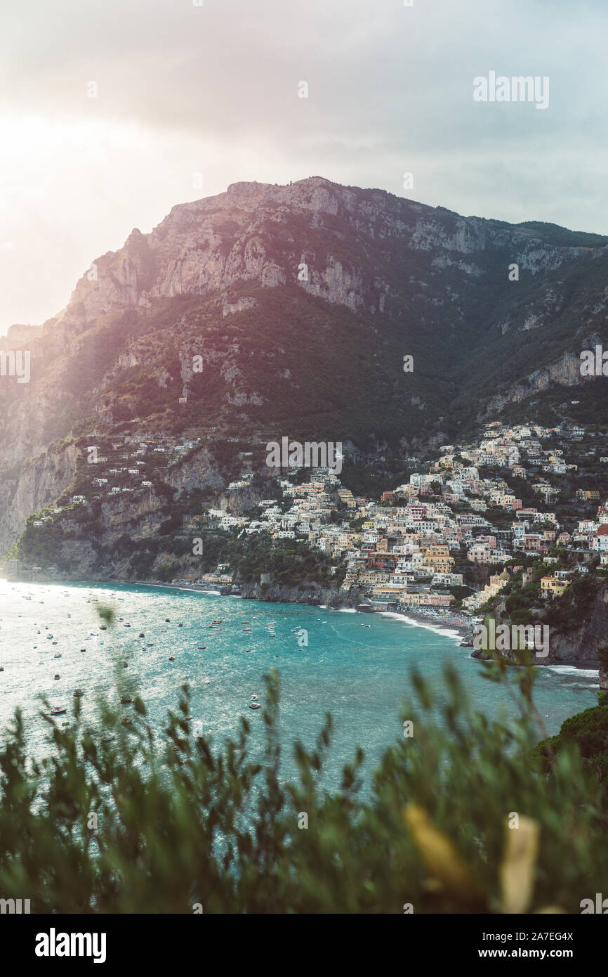 Sunrise Amalfi Coast Cool Color Palette Travel Location Mountains Ocean Stock Photo