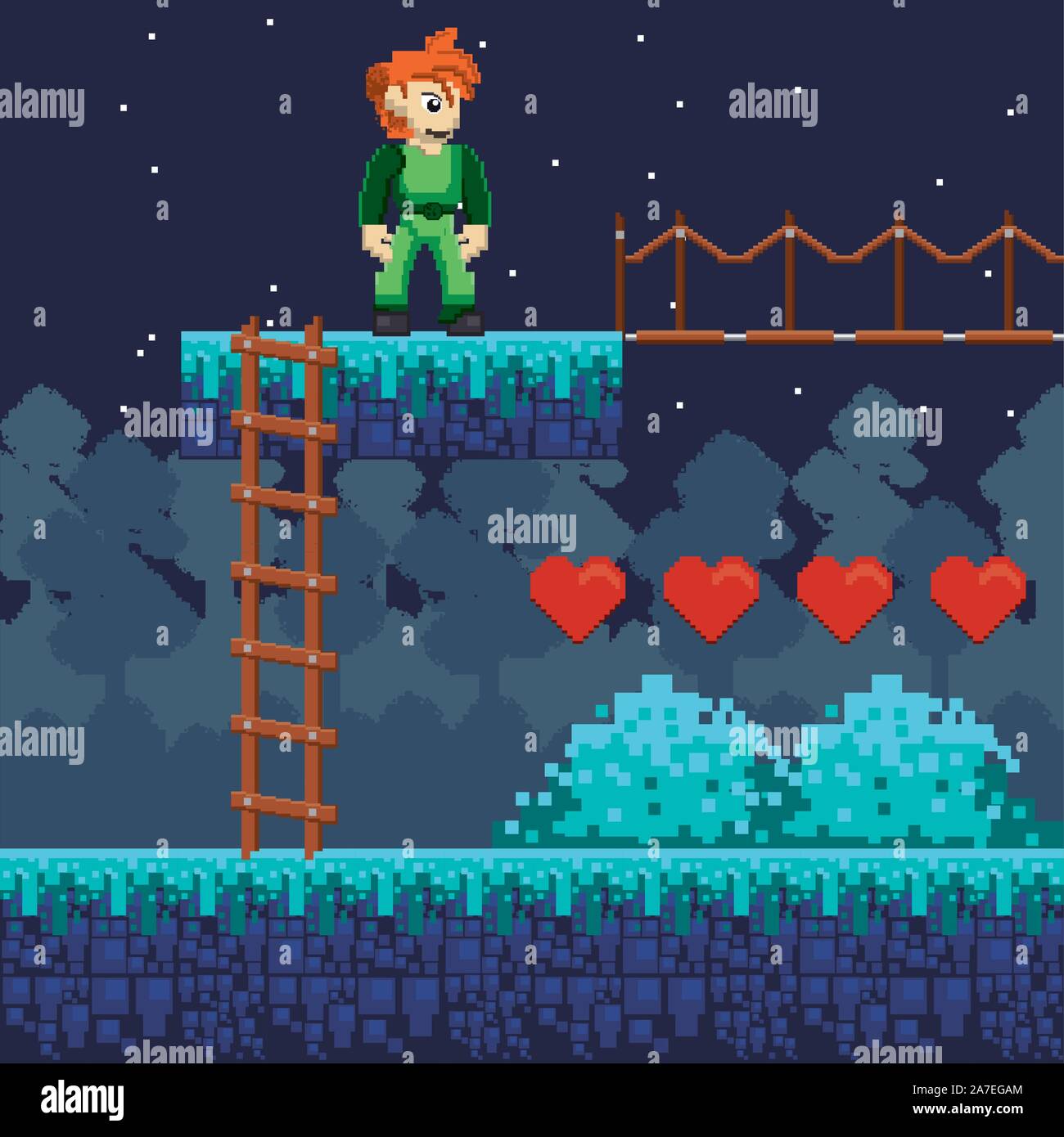 video game warrior with hearts in pixelated scene Stock Vector Image ...