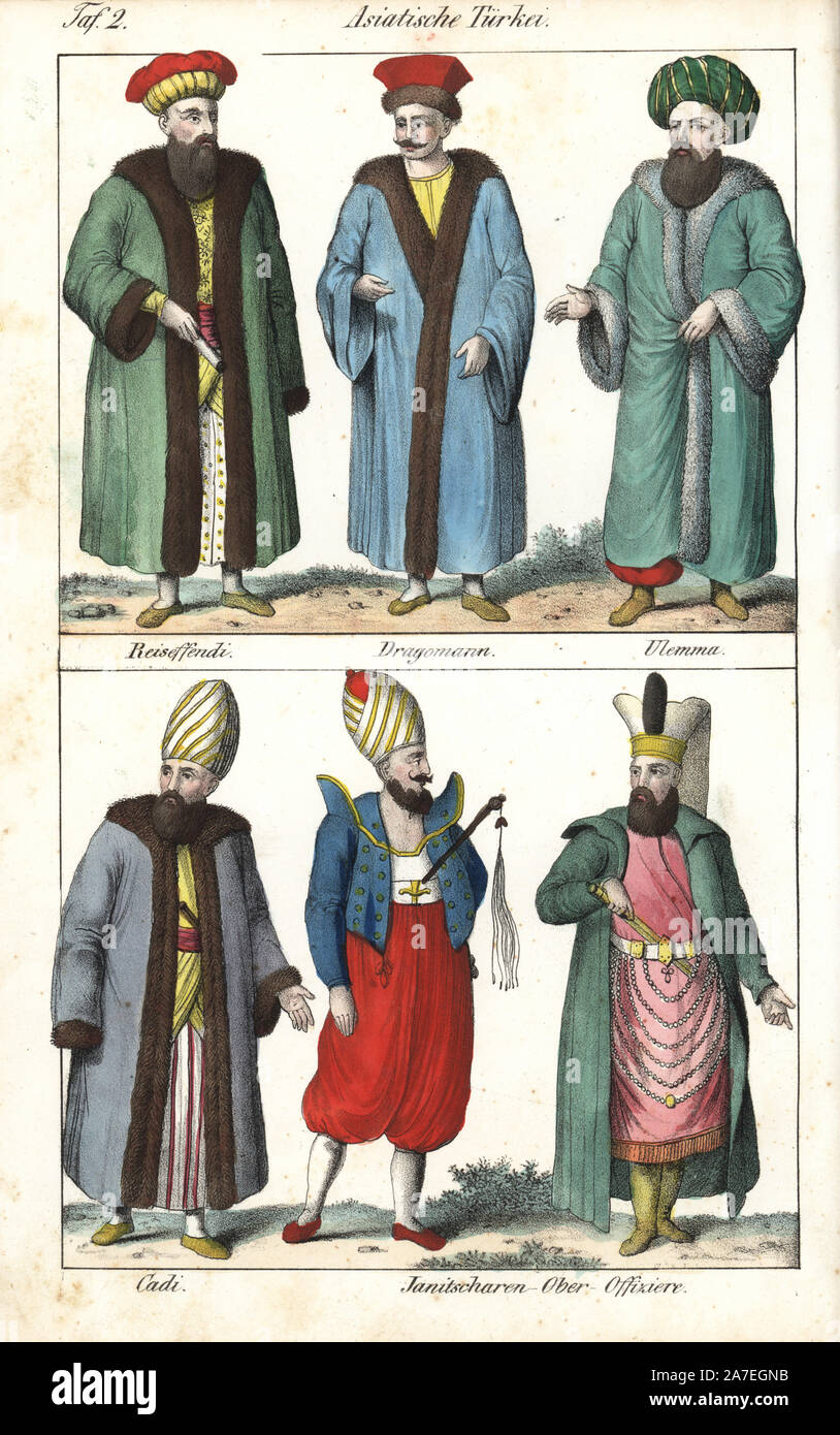 Costumes of Turkey including high ranking officials: foreign minister (Reis Effendi), interpreter (dragoman), Muslim scholar (ulama), judge (cadi) and high-ranking Janissary soldiers. Handcoloured lithograph from Friedrich Wilhelm Goedsche's 'Vollstaendige Völkergallerie in getreuen Abbildungen' (Complete Gallery of Peoples in True Pictures), Meissen, circa 1835-1840. Goedsche (1785-1863) was a German writer, bookseller and publisher in Meissen. Many of the illustrations were adapted from Bertuch's 'Bilderbuch fur Kinder' and others. Stock Photo