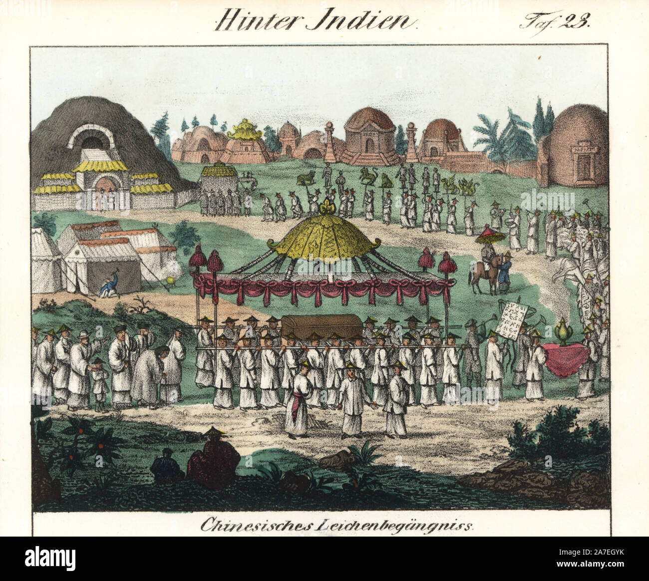 Chinese funeral procession with coffin on a bier and long parade of mourners. Handcoloured lithograph from Friedrich Wilhelm Goedsche's 'Vollstaendige Völkergallerie in getreuen Abbildungen' (Complete Gallery of Peoples in True Pictures), Meissen, circa 1835-1840. Goedsche (1785-1863) was a German writer, bookseller and publisher in Meissen. Many of the illustrations were adapted from Bertuch's 'Bilderbuch fur Kinder' and others. Stock Photo