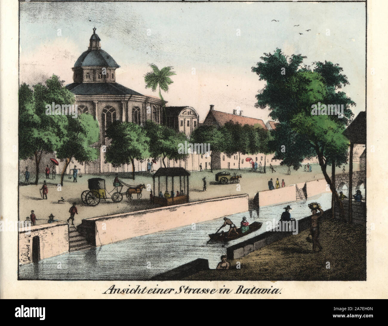 View of a street with canal, horse-drawn carriages, Europeans and natives in Batavia (Jakarta), on the island of Java, Indonesia, circa 1800, when it was a Dutch colony. Handcoloured lithograph from Friedrich Wilhelm Goedsche's 'Vollstaendige Völkergallerie in getreuen Abbildungen' (Complete Gallery of Peoples in True Pictures), Meissen, circa 1835-1840. Goedsche (1785-1863) was a German writer, bookseller and publisher in Meissen. Many of the illustrations were adapted from Bertuch's 'Bilderbuch fur Kinder' and others. Stock Photo