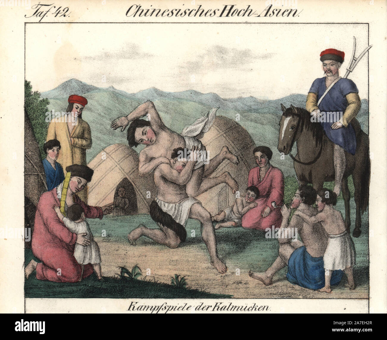 Kalmyk men wrestling in front of their families and ghers, with a man on horseback watching. Handcoloured lithograph from Friedrich Wilhelm Goedsche's 'Vollstaendige Völkergallerie in getreuen Abbildungen' (Complete Gallery of Peoples in True Pictures), Meissen, circa 1835-1840. Goedsche (1785-1863) was a German writer, bookseller and publisher in Meissen. Many of the illustrations were adapted from Bertuch's 'Bilderbuch fur Kinder' and others. Stock Photo