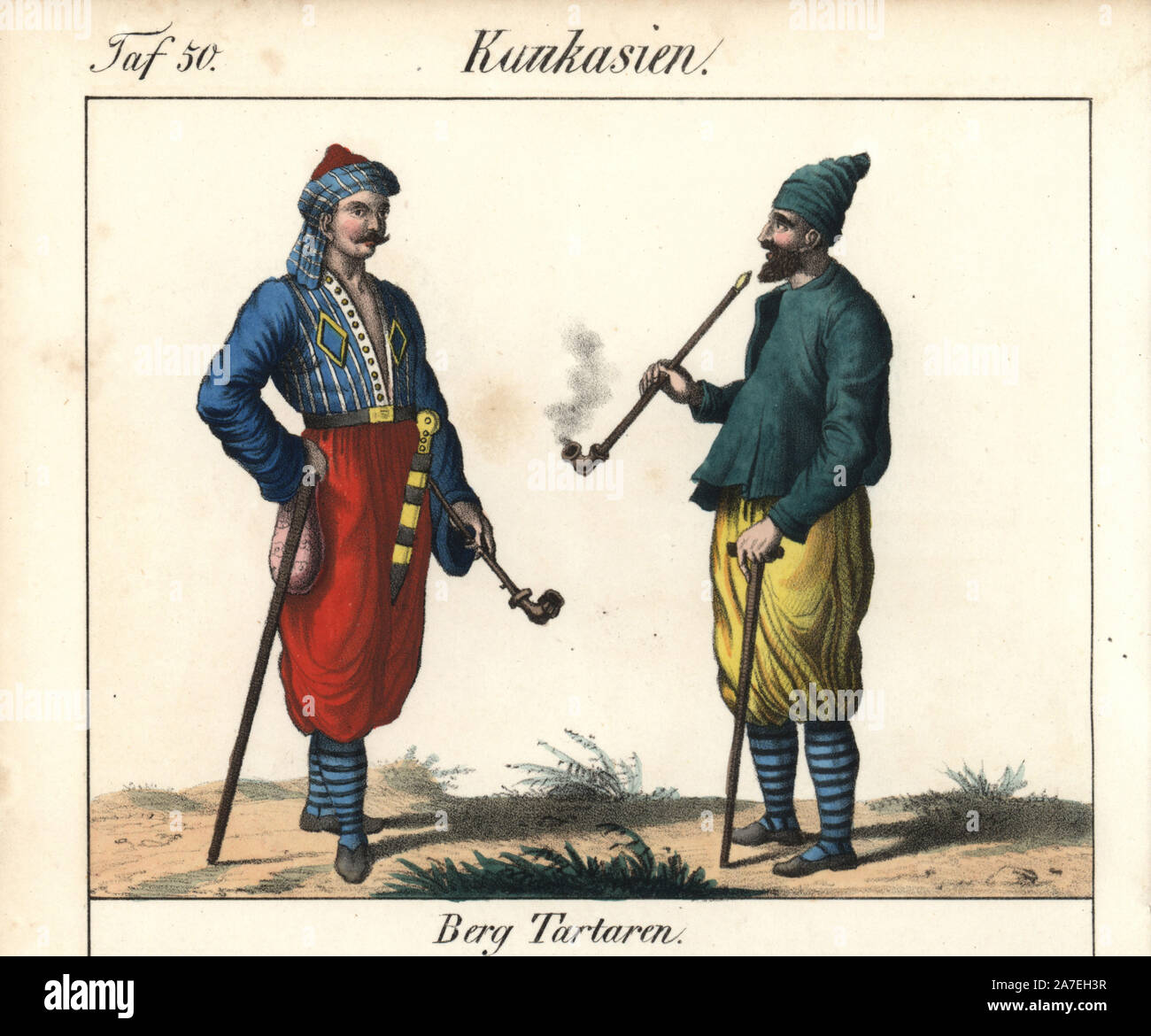 Mountain Tatars From The Caucasus Mountains With Pipes Walking Sticks Dagger And Baggy Pantaloons Handcoloured Lithograph From Friedrich Wilhelm Goedsche S Vollstaendige Volkergallerie In Getreuen Abbildungen Complete Gallery Of Peoples In True
